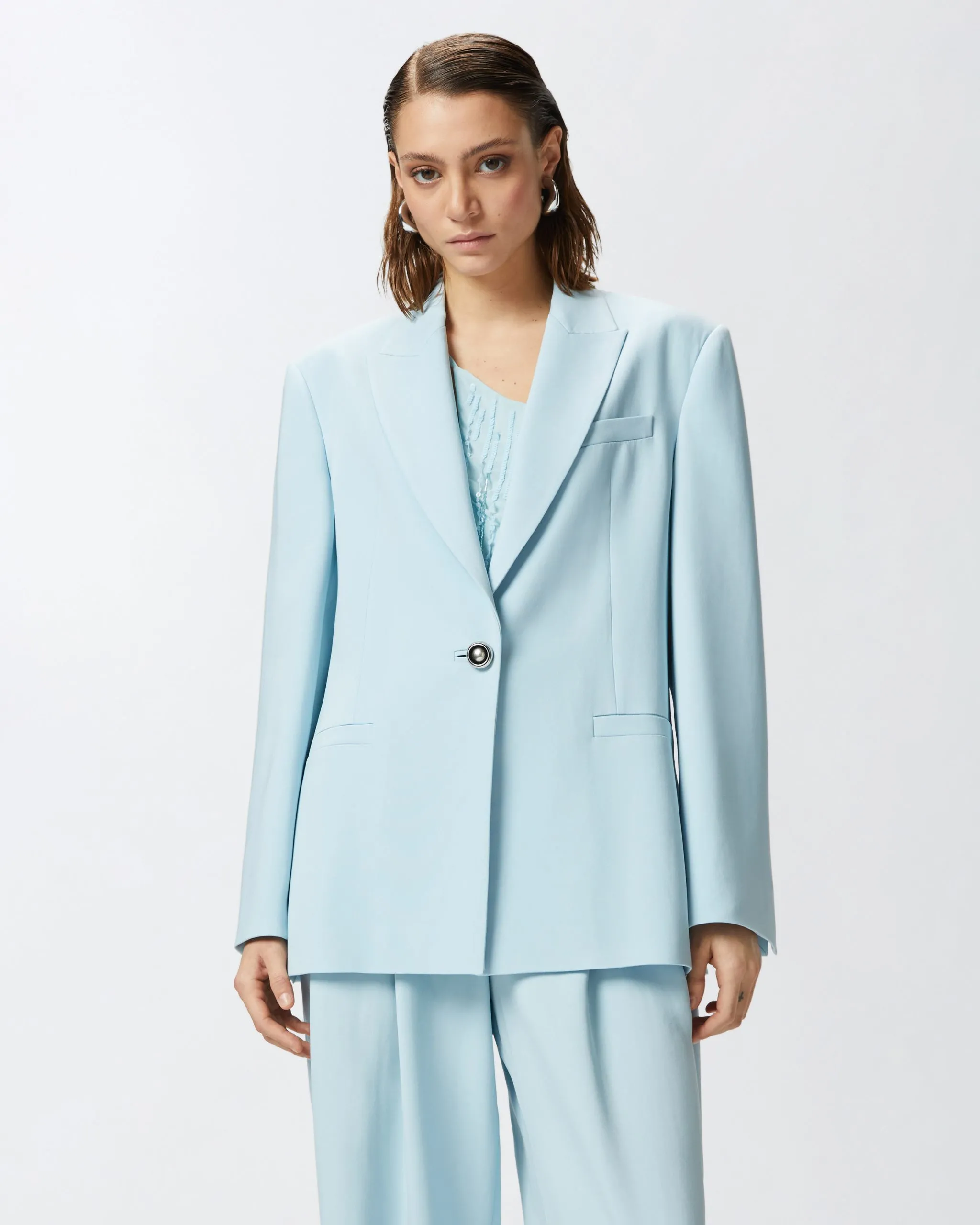 Blazer droit en cady avec bouton bijou Bleu
