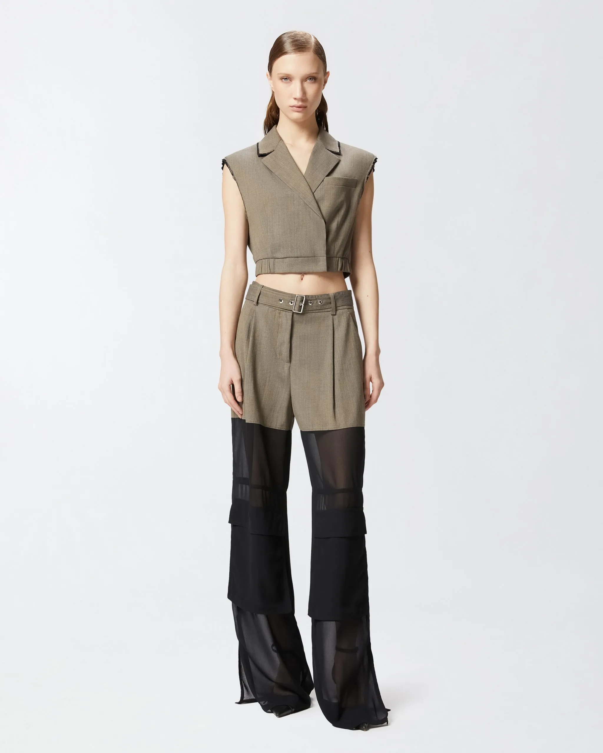 Pantalon cargo large en crêpe georgette semi-transparent Marron