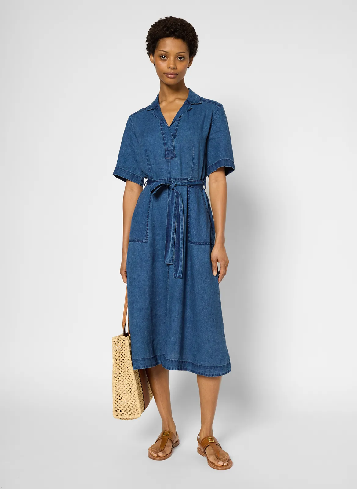 Robe midi ceinturée en lin Bleu PAHOLA