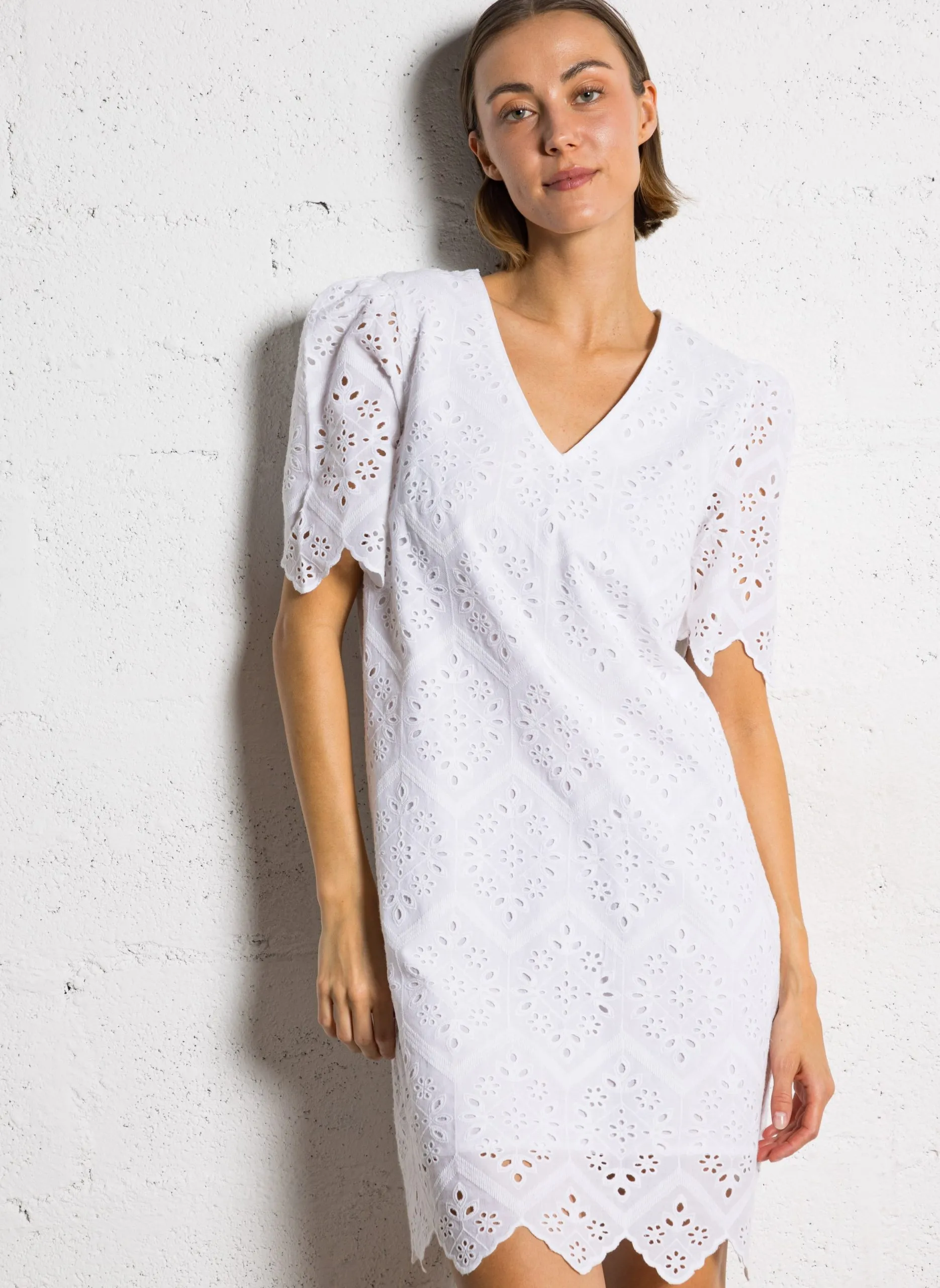 Robe courte droite col V en coton Blanc