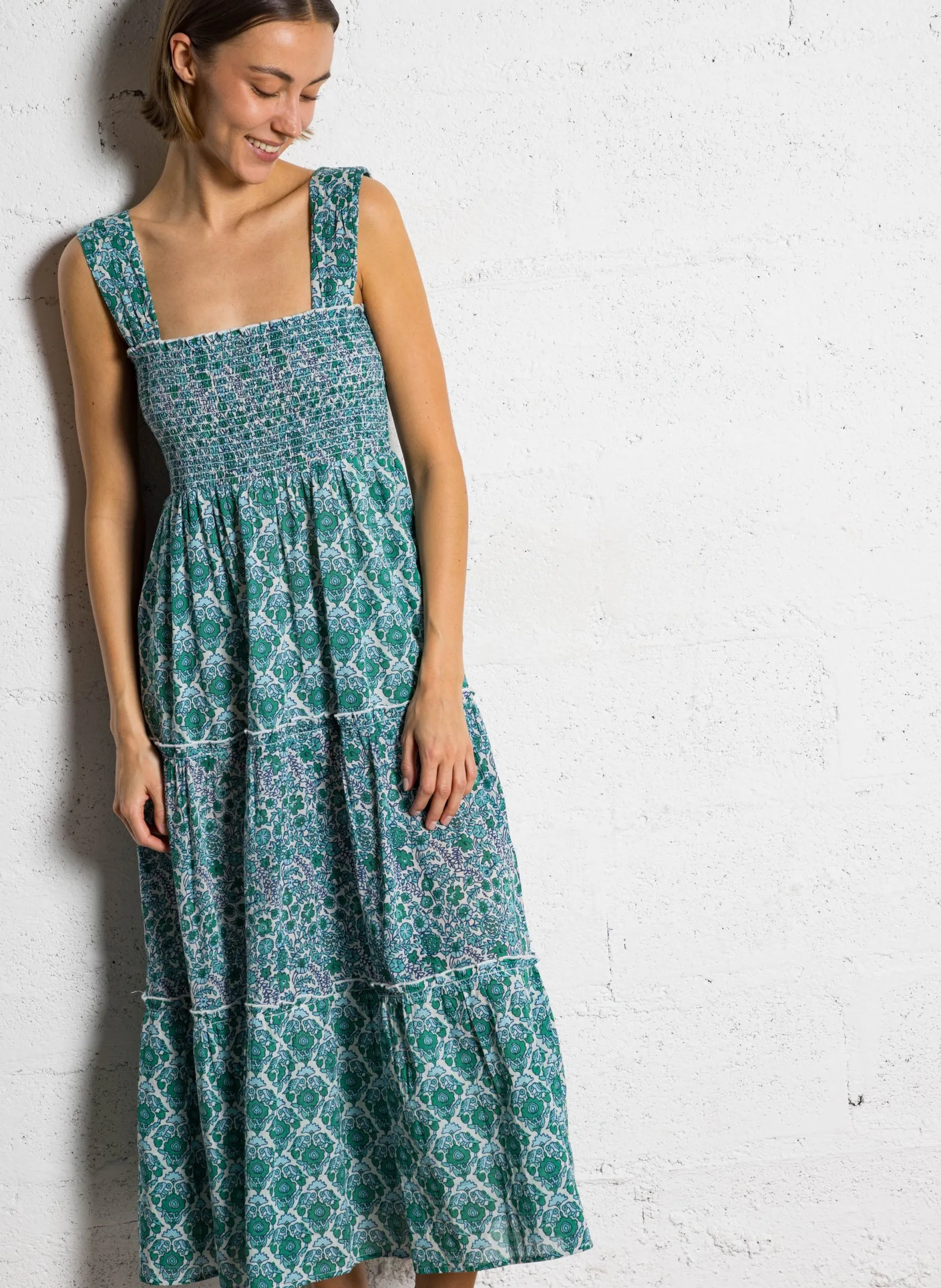 Robe longue bustier en coton Vert RON