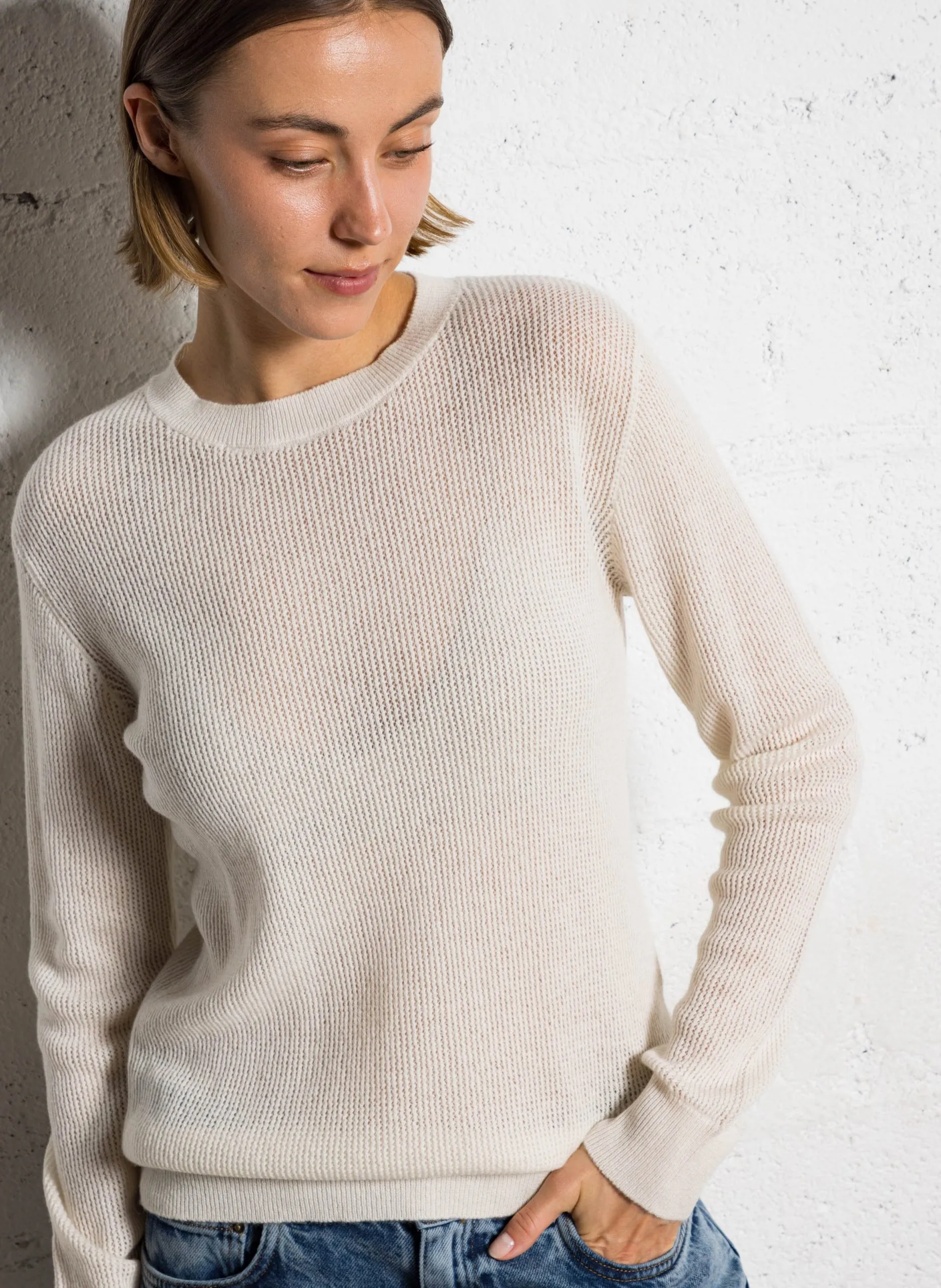 Pull droit col rond en cachemire Blanc AISHA