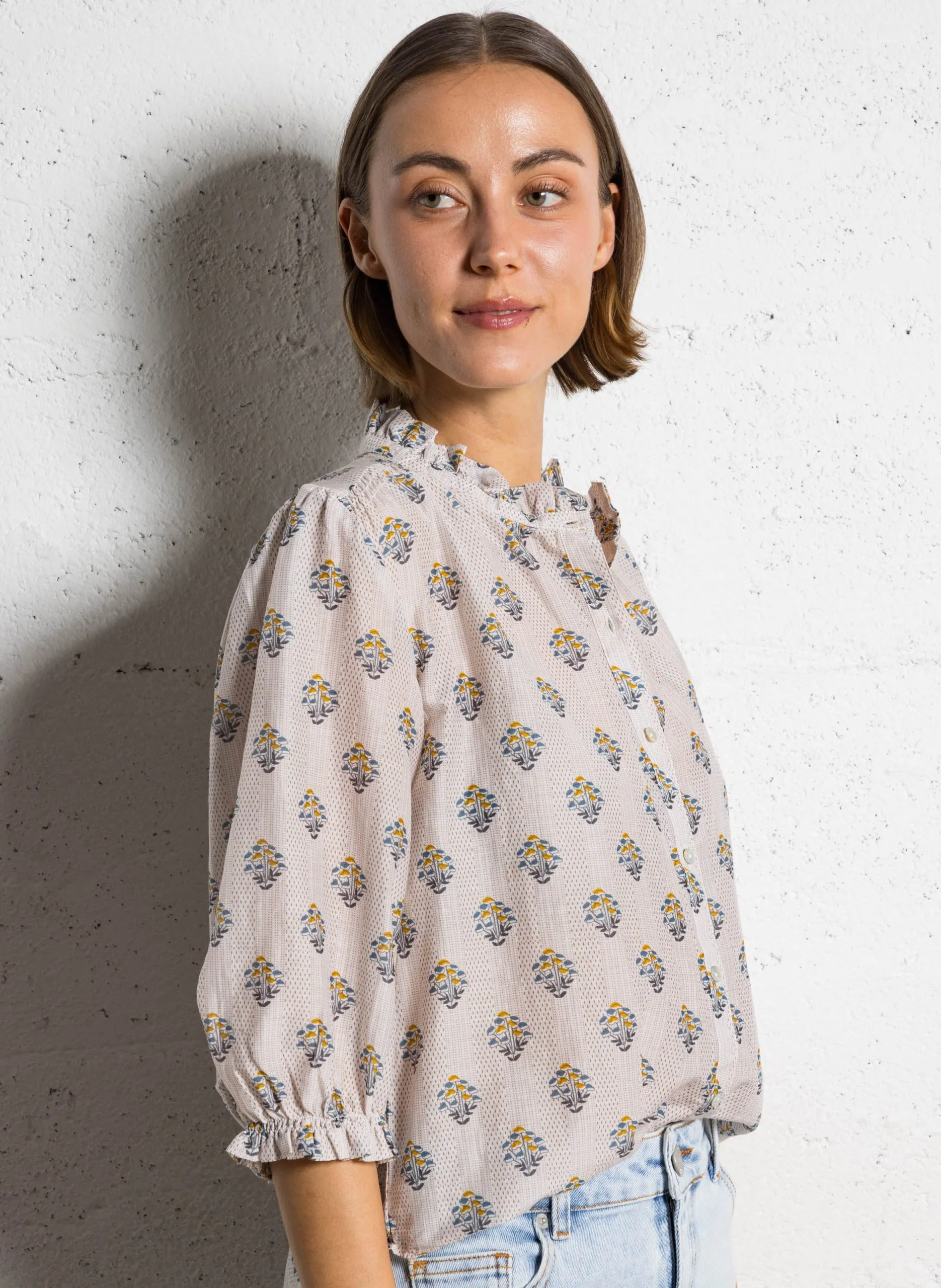 Blouse col rond imprimé en coton Beige LINDI