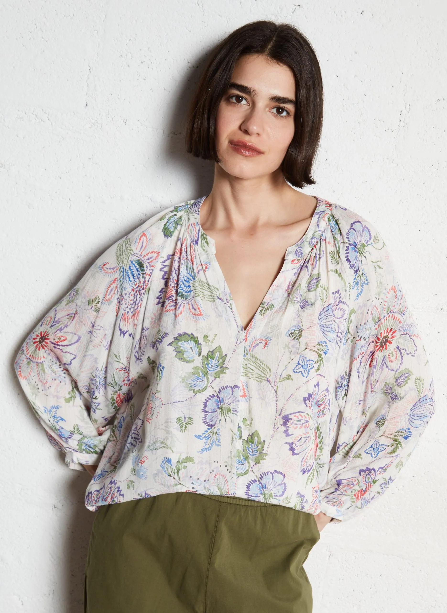 Blouse ample col V Blanc