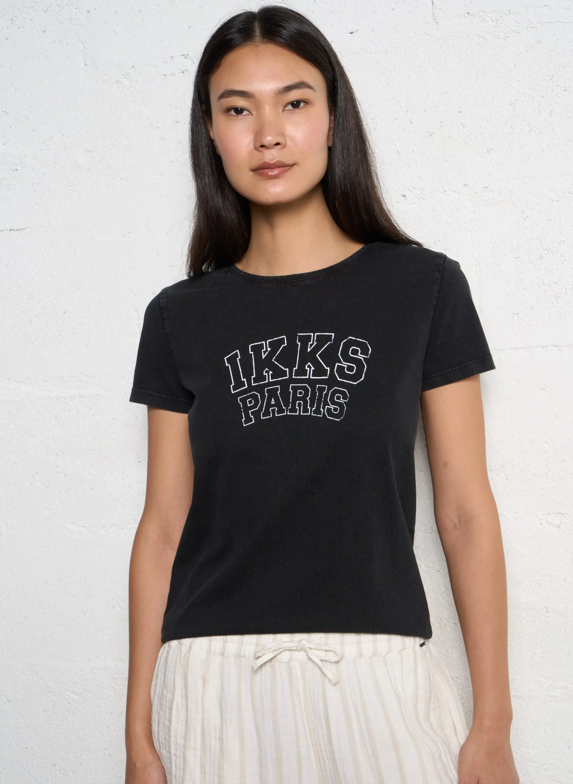 Tee-shirt droit col rond sérigraphié en coton Gris