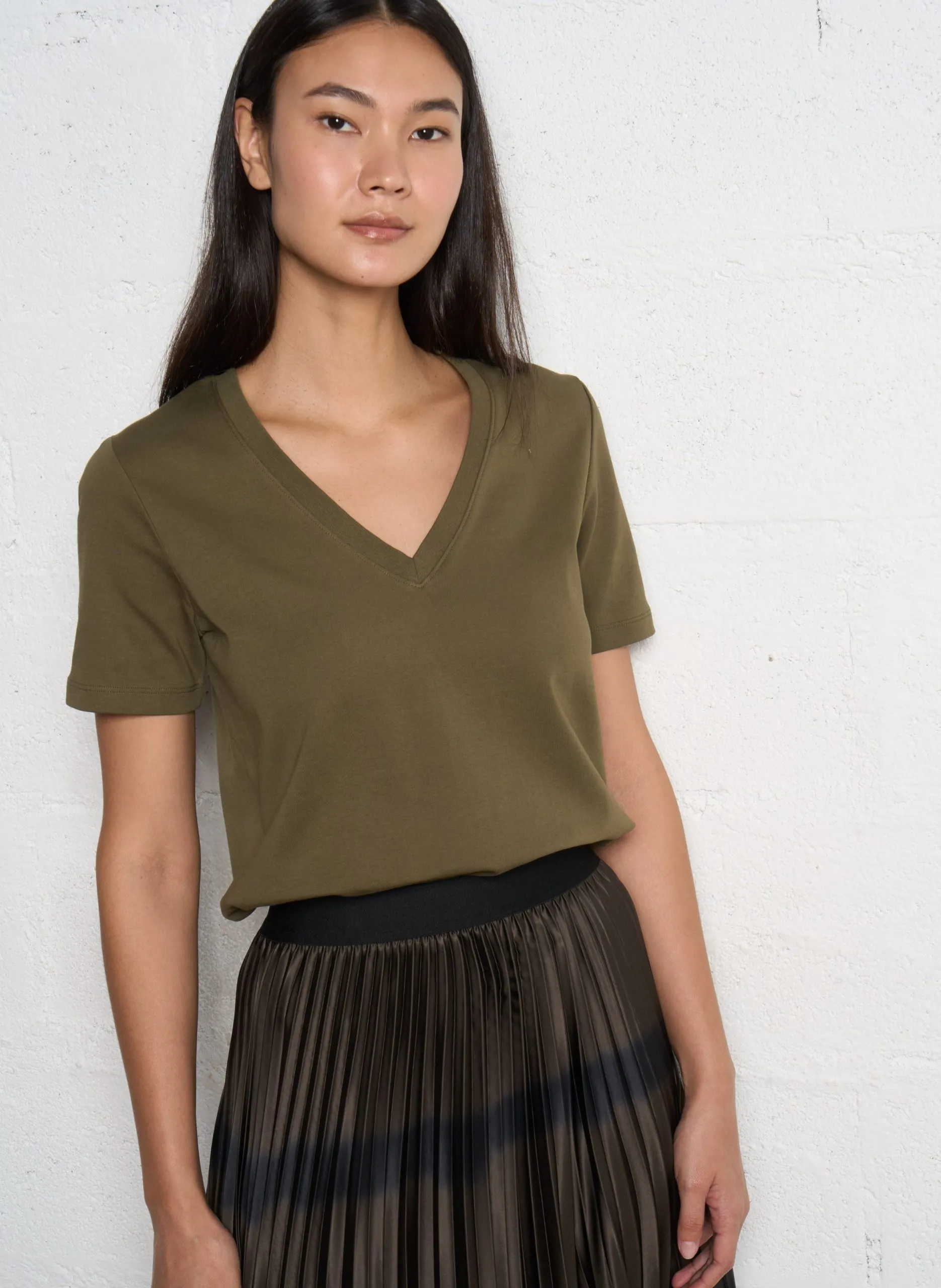 Tee-shirt droit col V en coton Vert DANA