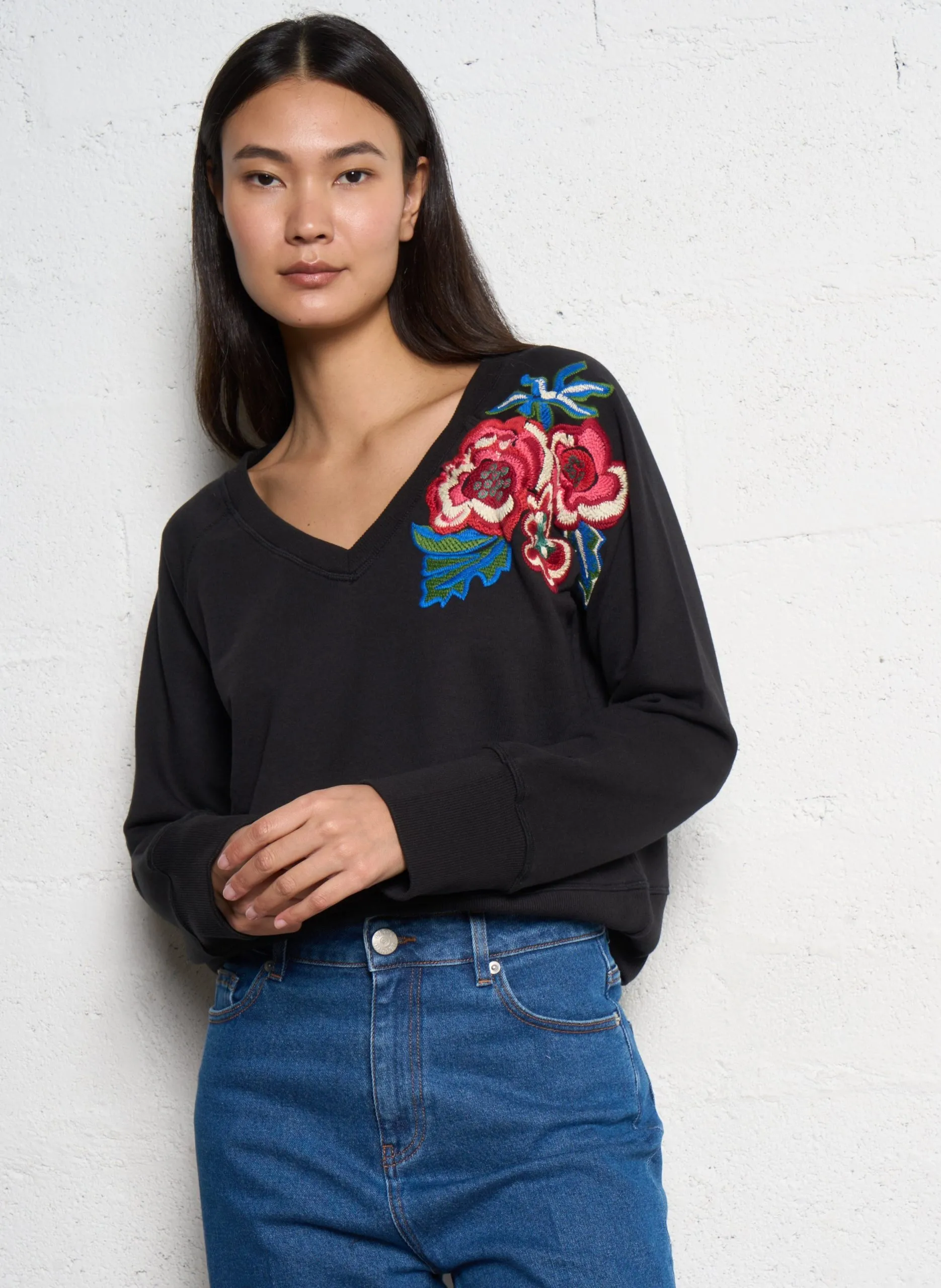 Sweat ample col V brodé en coton bio mélangé Gris SHAVI