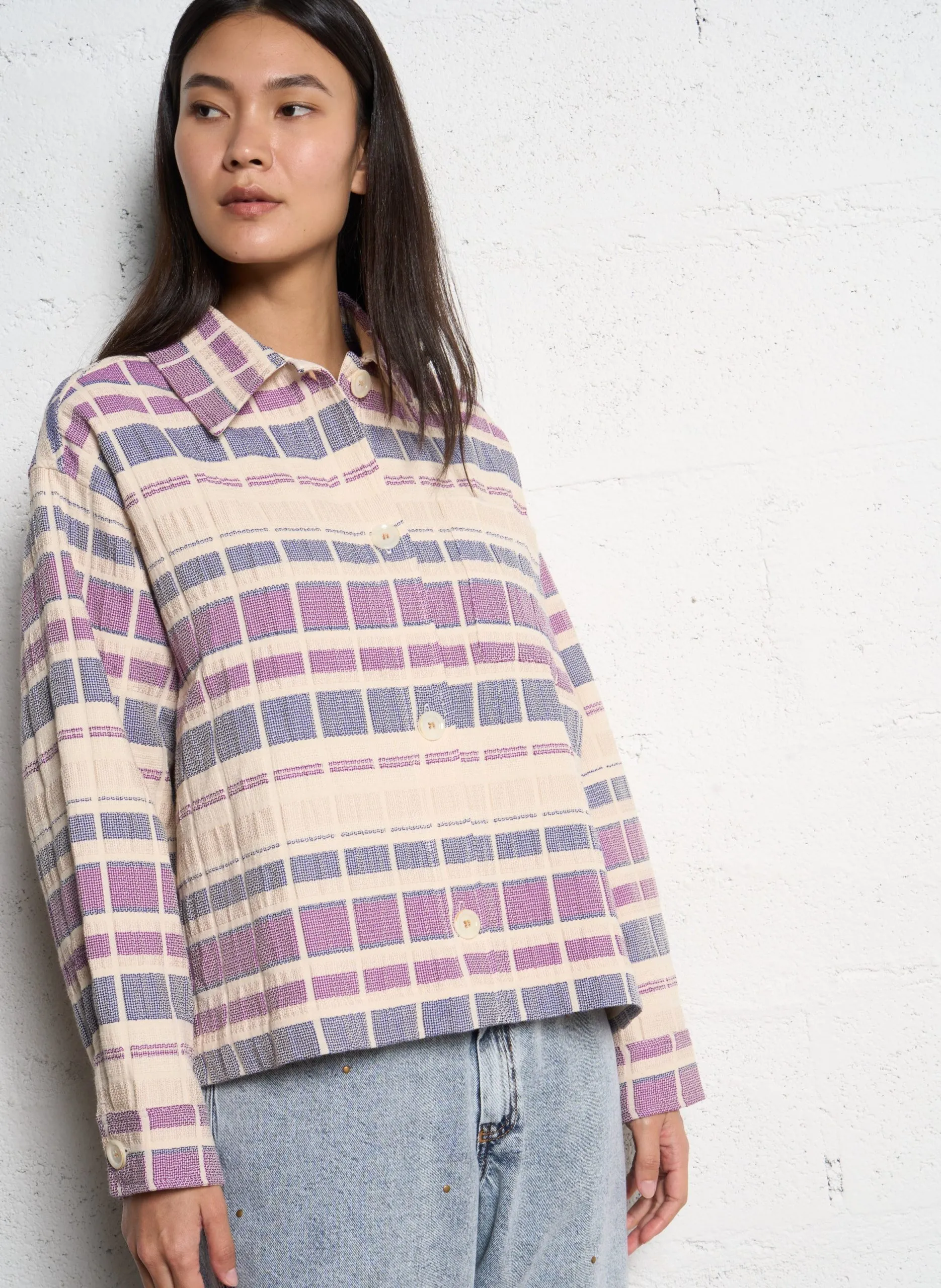 Veste ample col classique en coton mélangé Bleu CORA