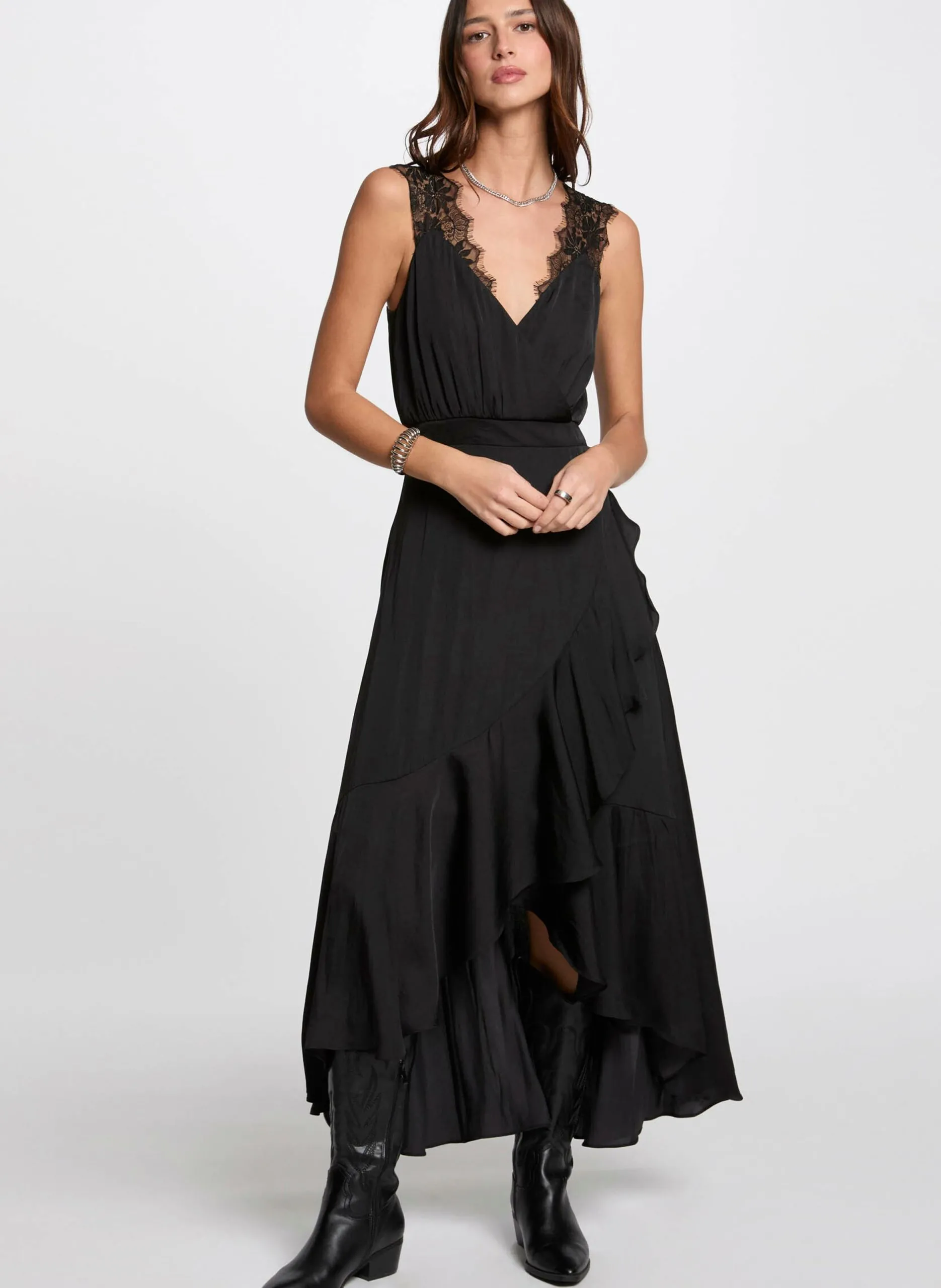 Robe col v asymétrique Marron 251-RORLA