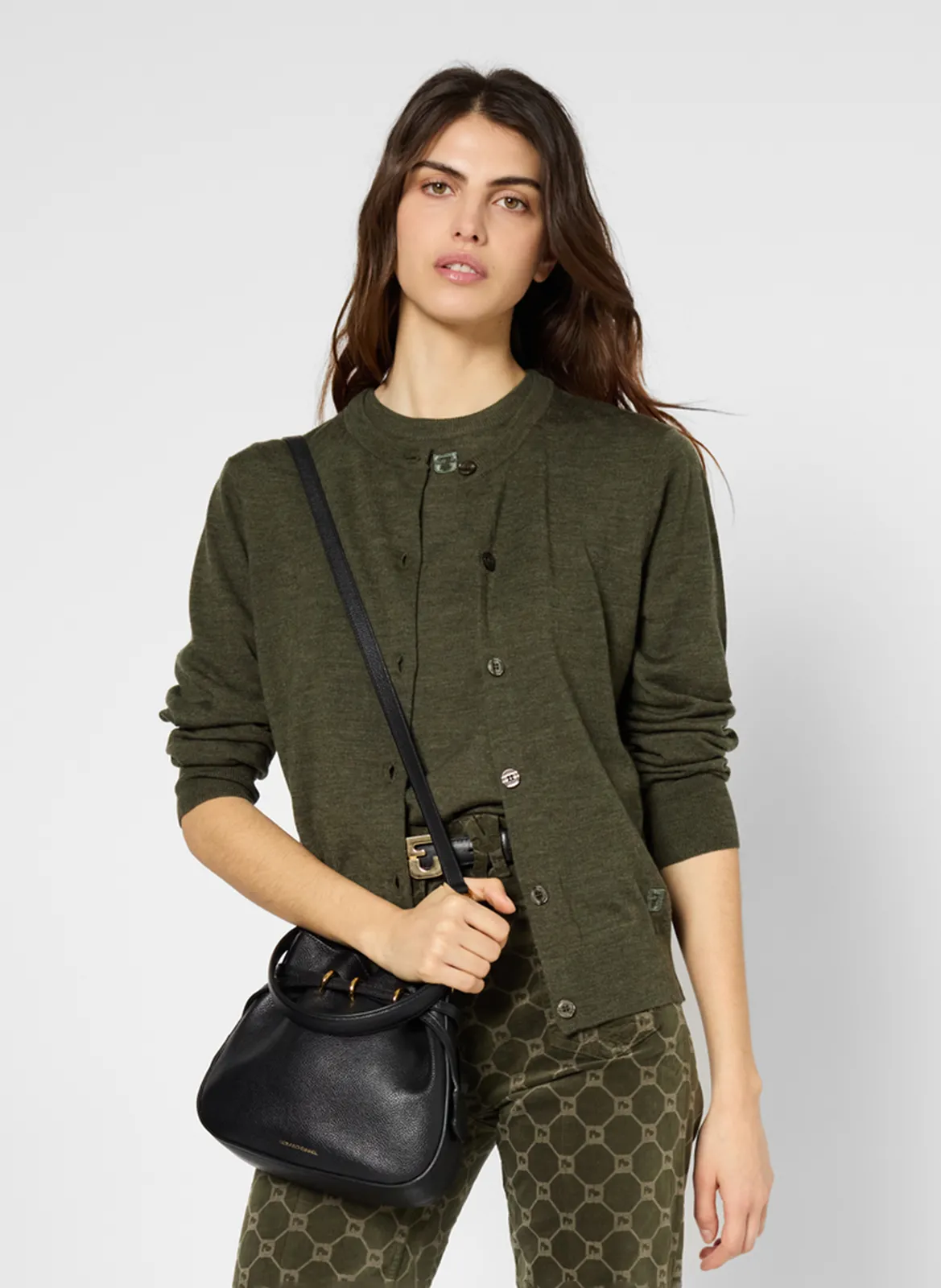 Gilet brodé à bords-côtes en laine mérinos Kaki LYANE