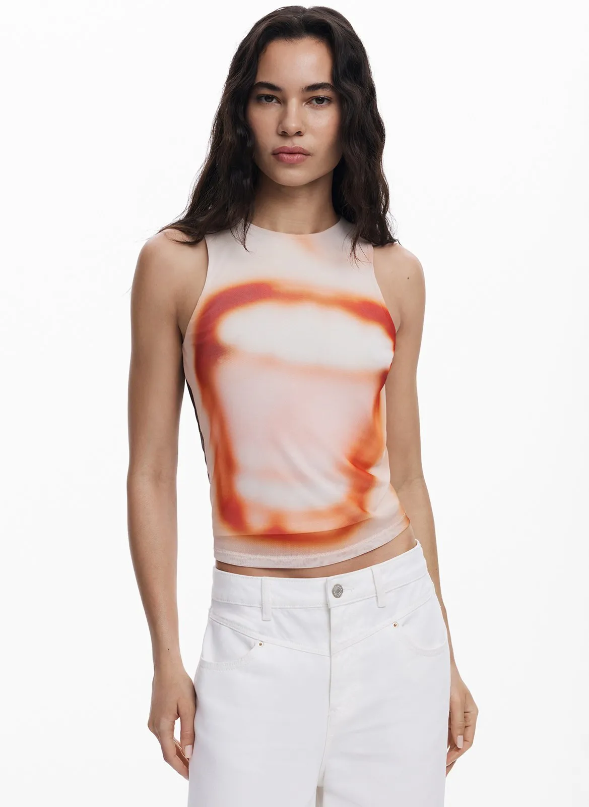 Top col rond imprimé Marron