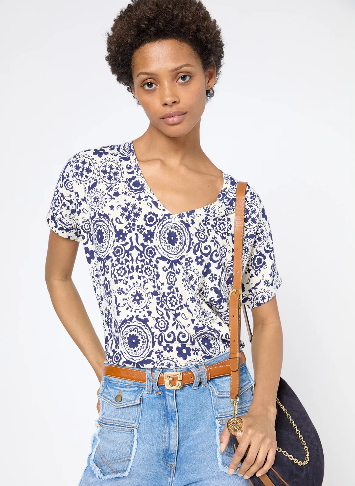 Tee-shirt droit en lin mélangé imprimé Beige GRACIELLA