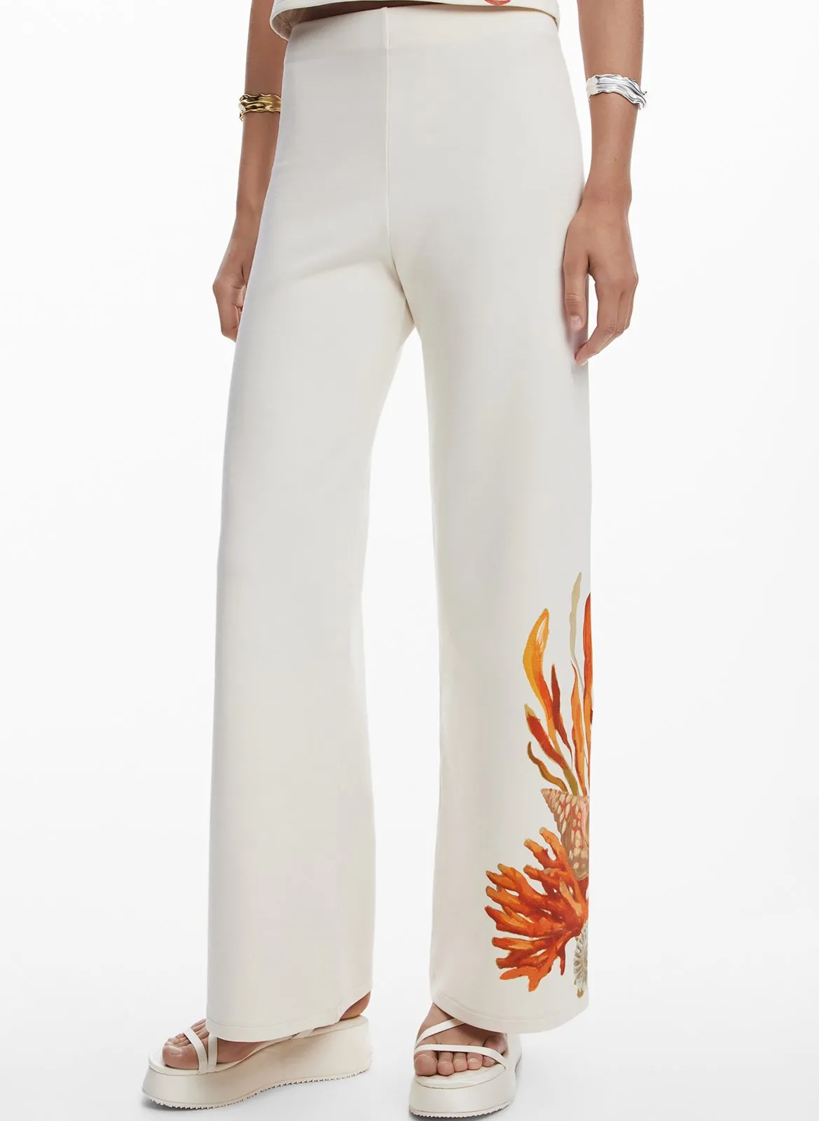Pantalon large en coton méla,gé Blanc