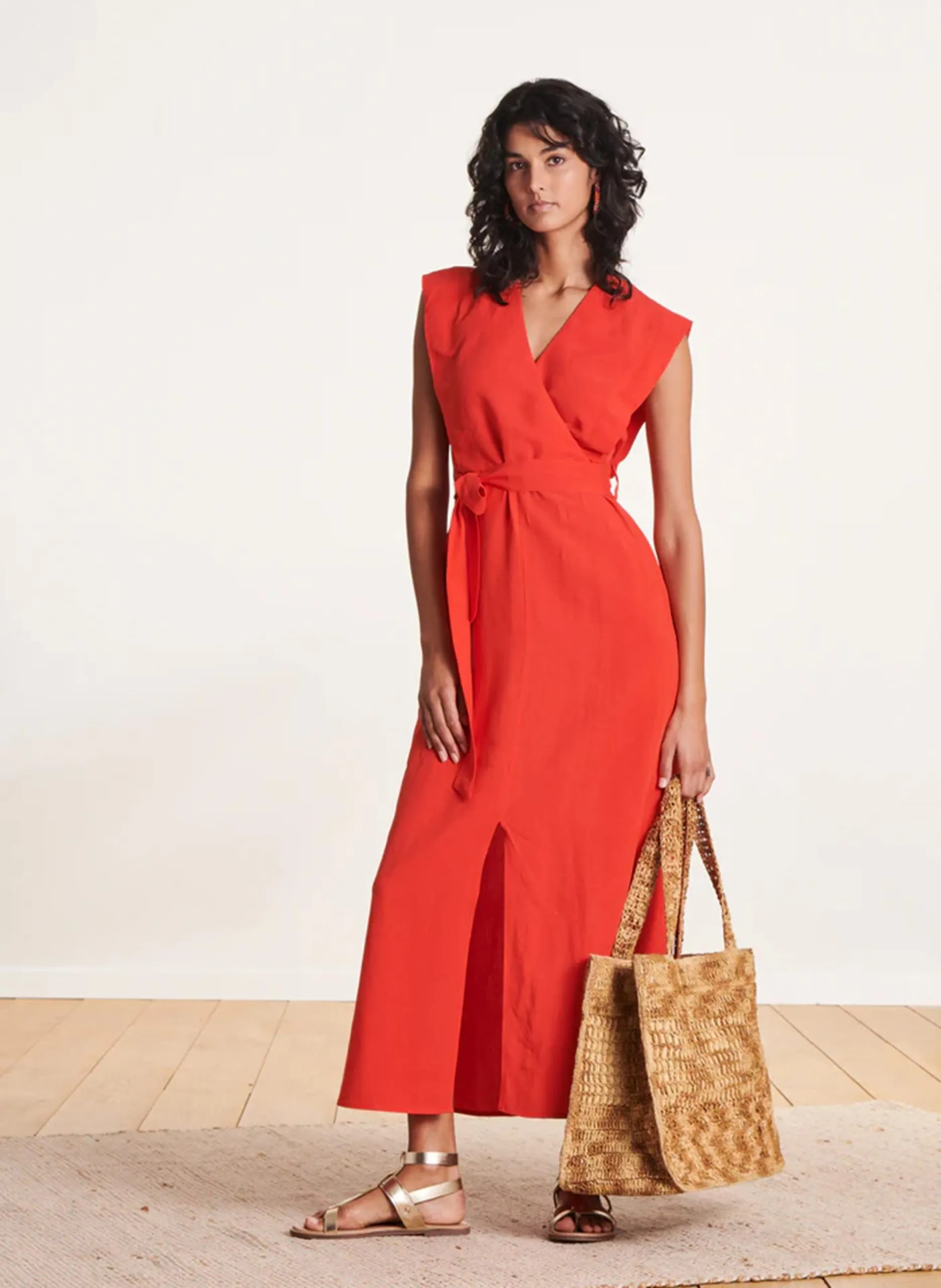 Robe midi cache-cœur ceinturée Rouge