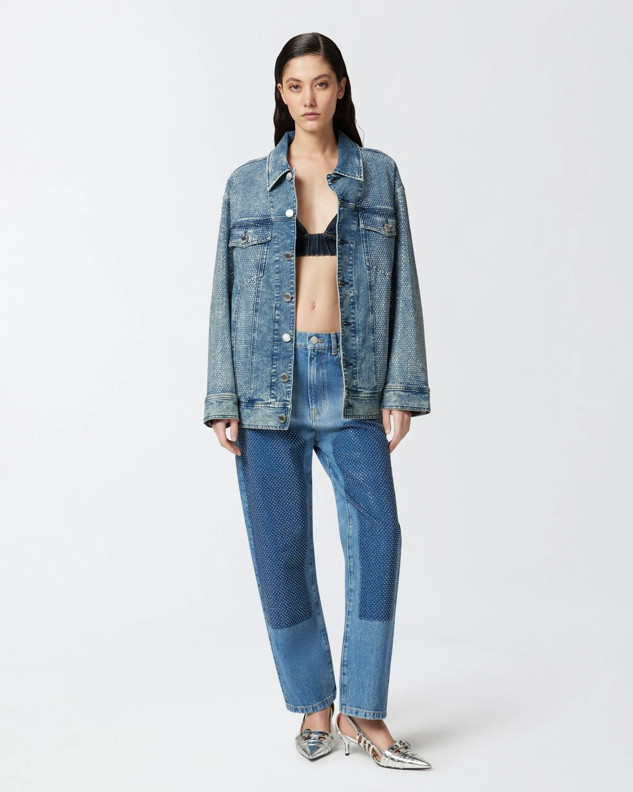 Jean droit avec mini clous en strass Bleu