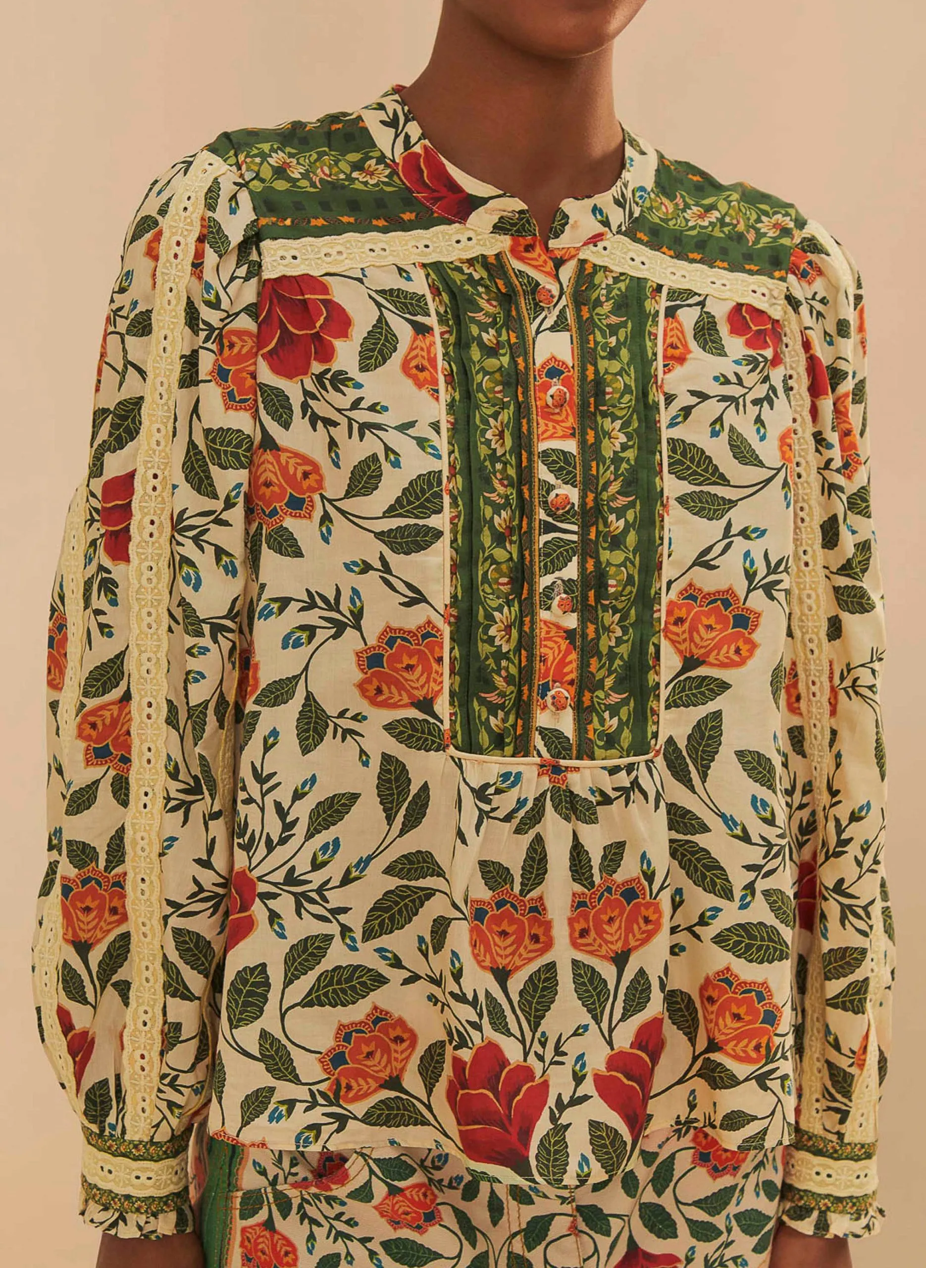 Top droit imprimé à broderies Vert