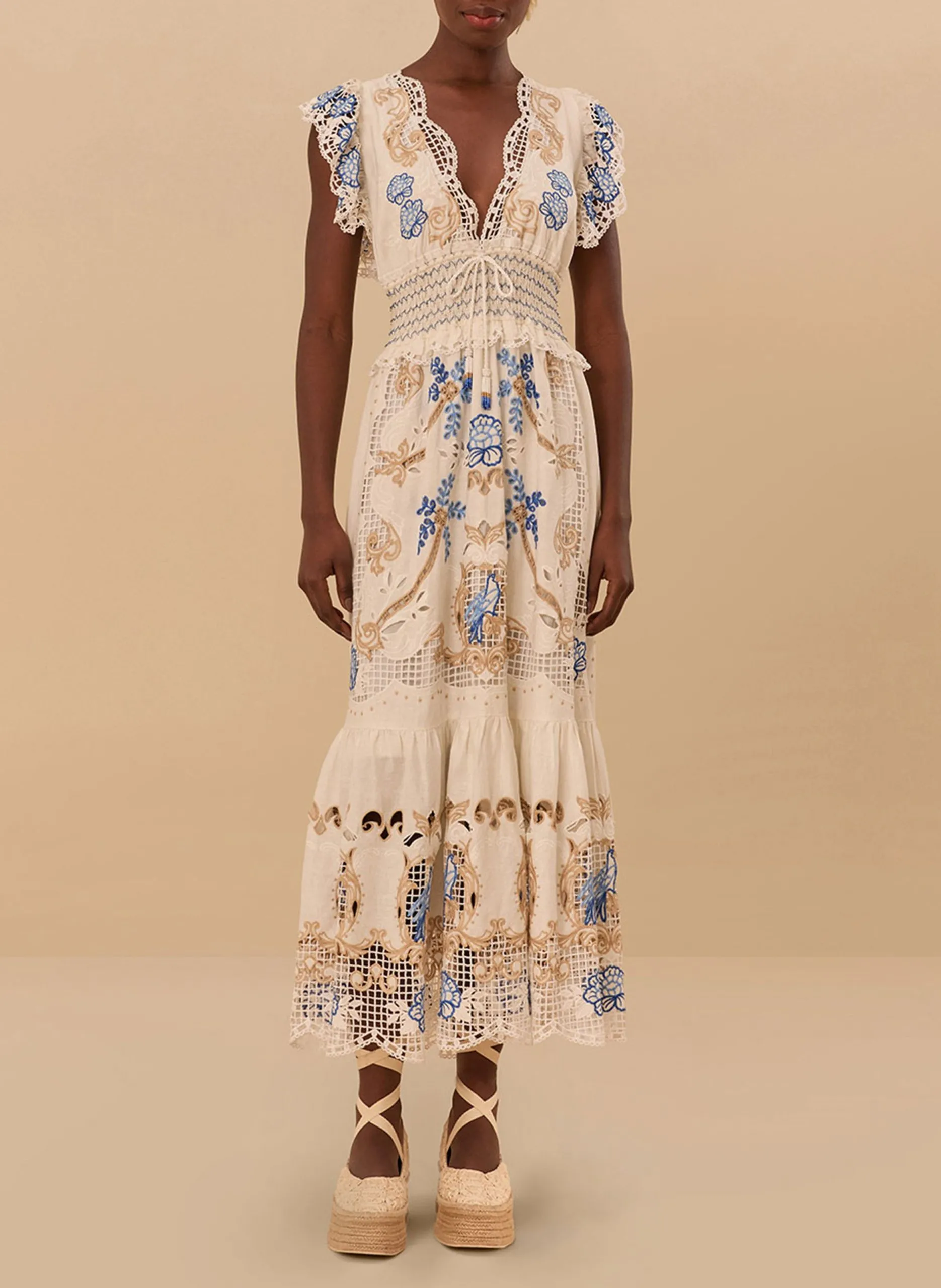 Robe longue brodée à décolleté en V Blanc