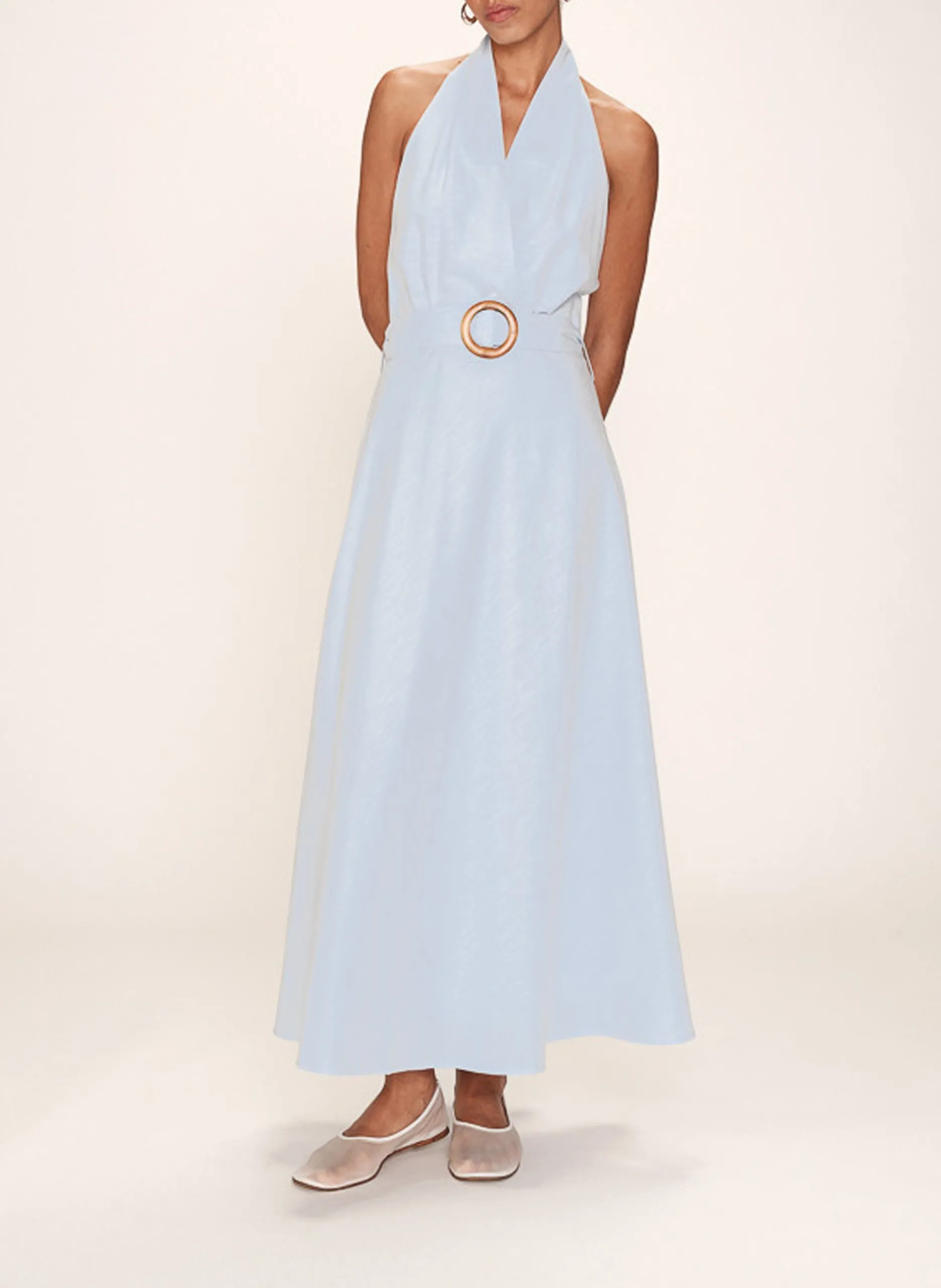 Robe longue col V en lin mélangé Bleu ROSAMOUR