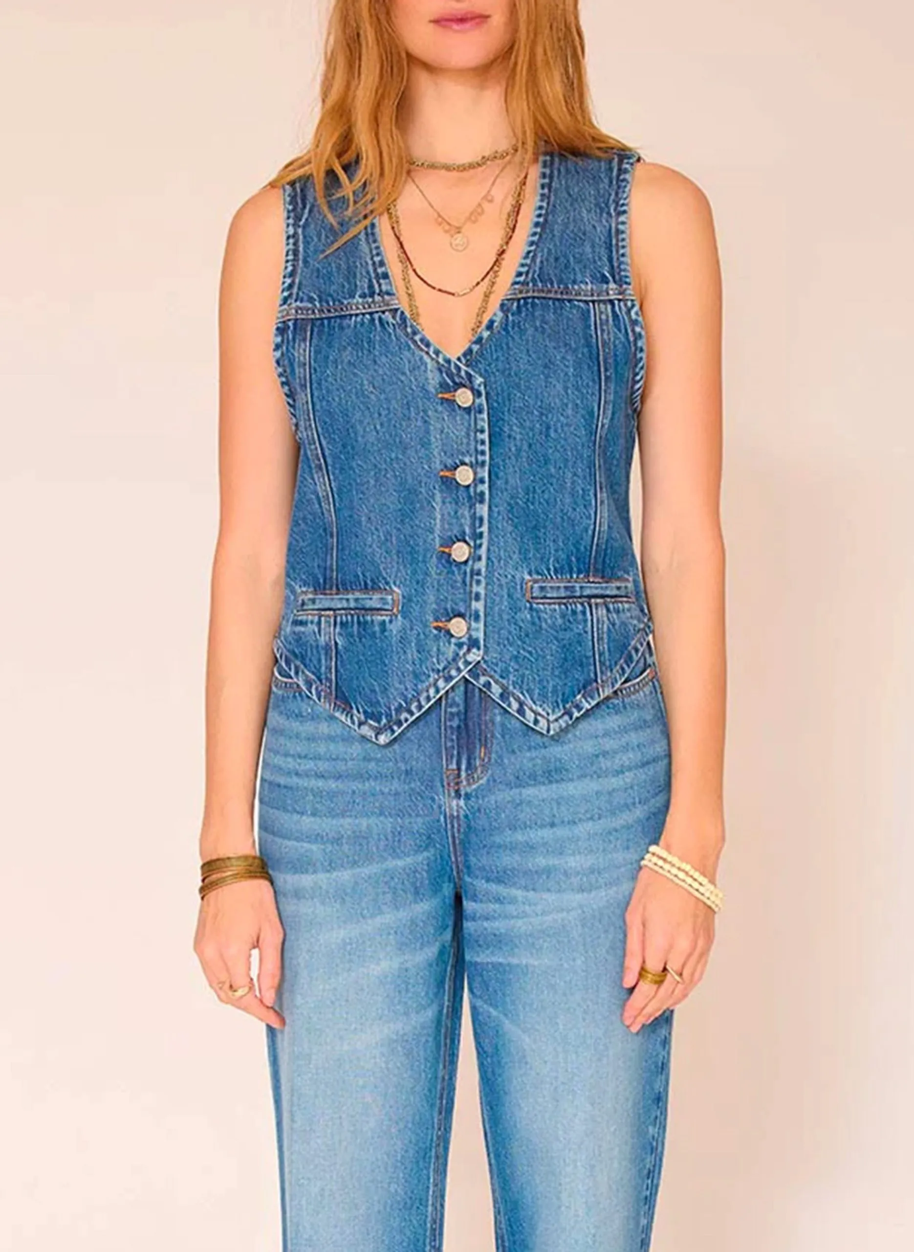 Gilet en denim droit en coton mélangé Bleu GESINE TOKYO