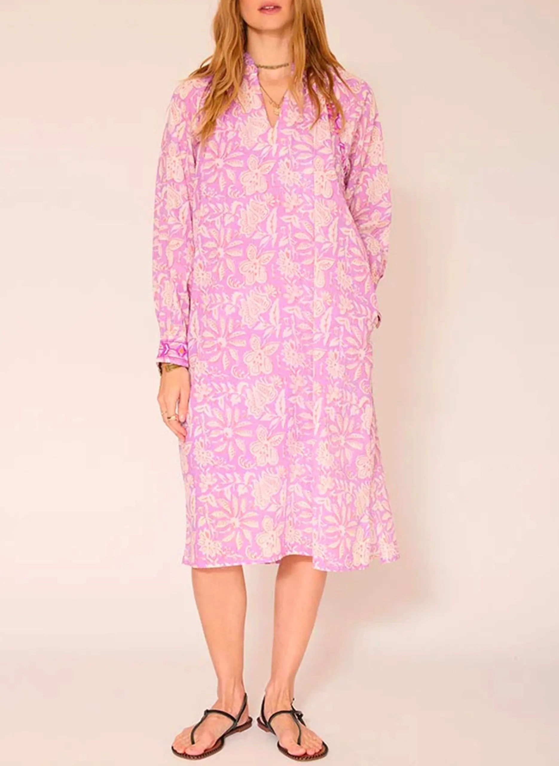 Robe midi col V en coton Violet RANI