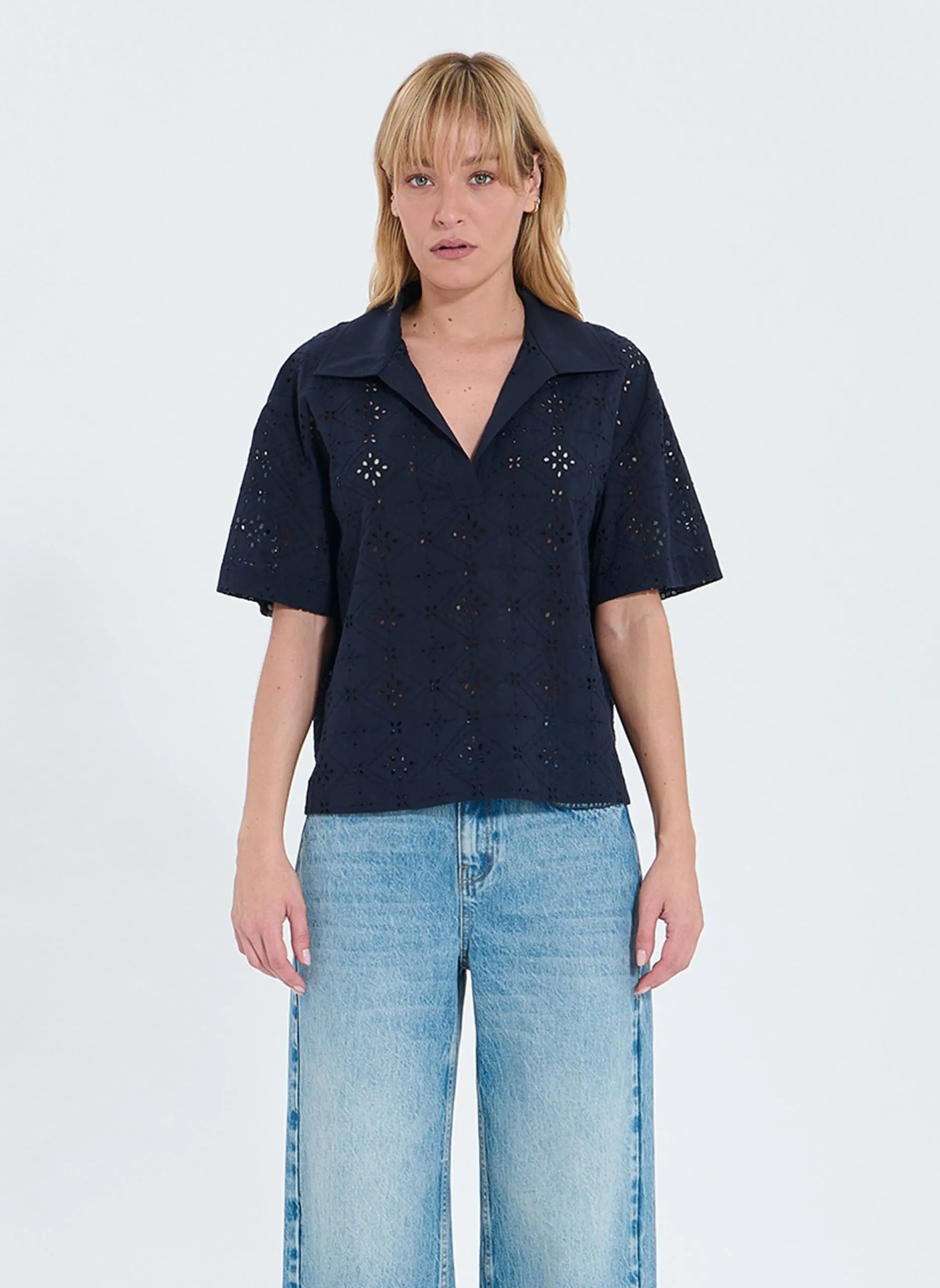 Top col V en coton Bleu TEYMA