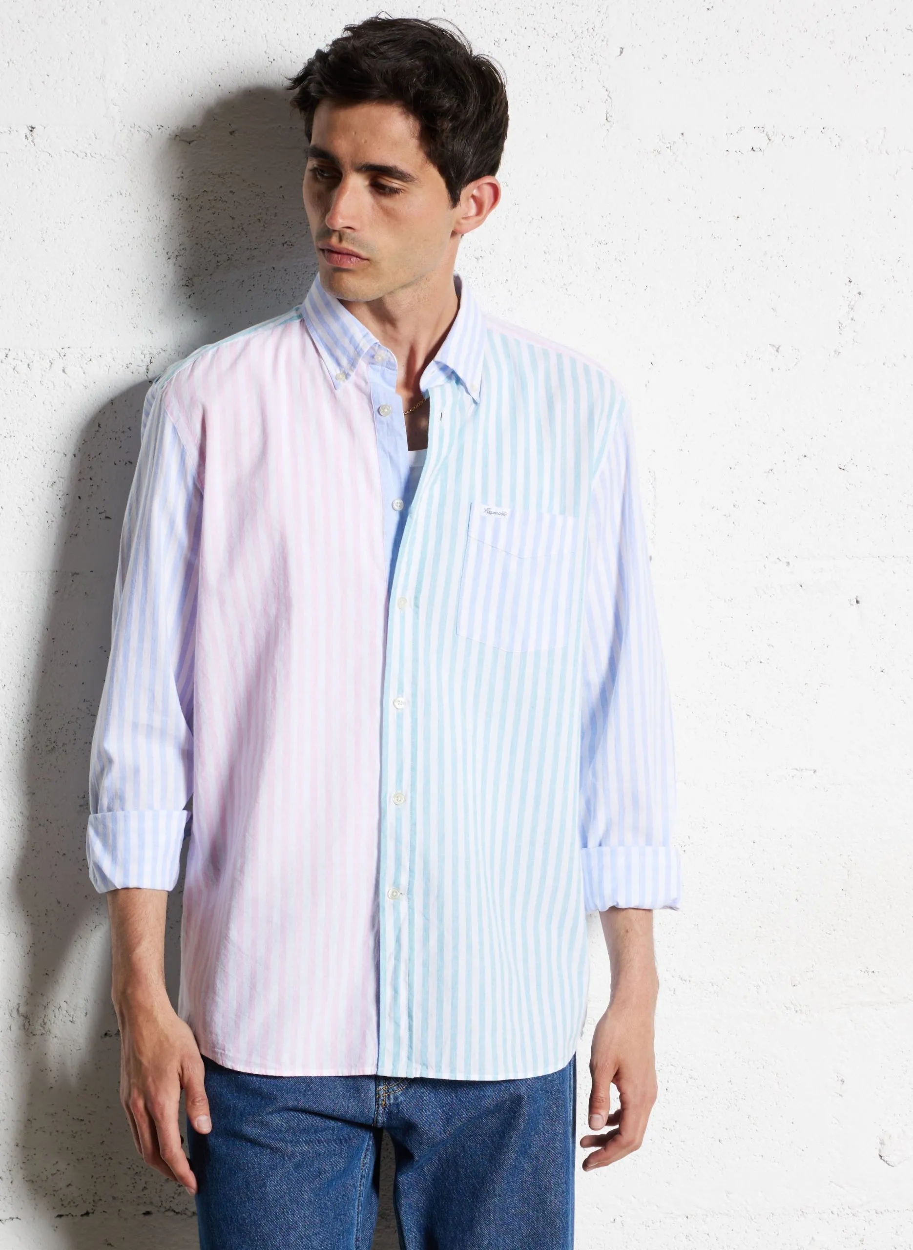 Chemise droite col classique en coton mélangé Bleu