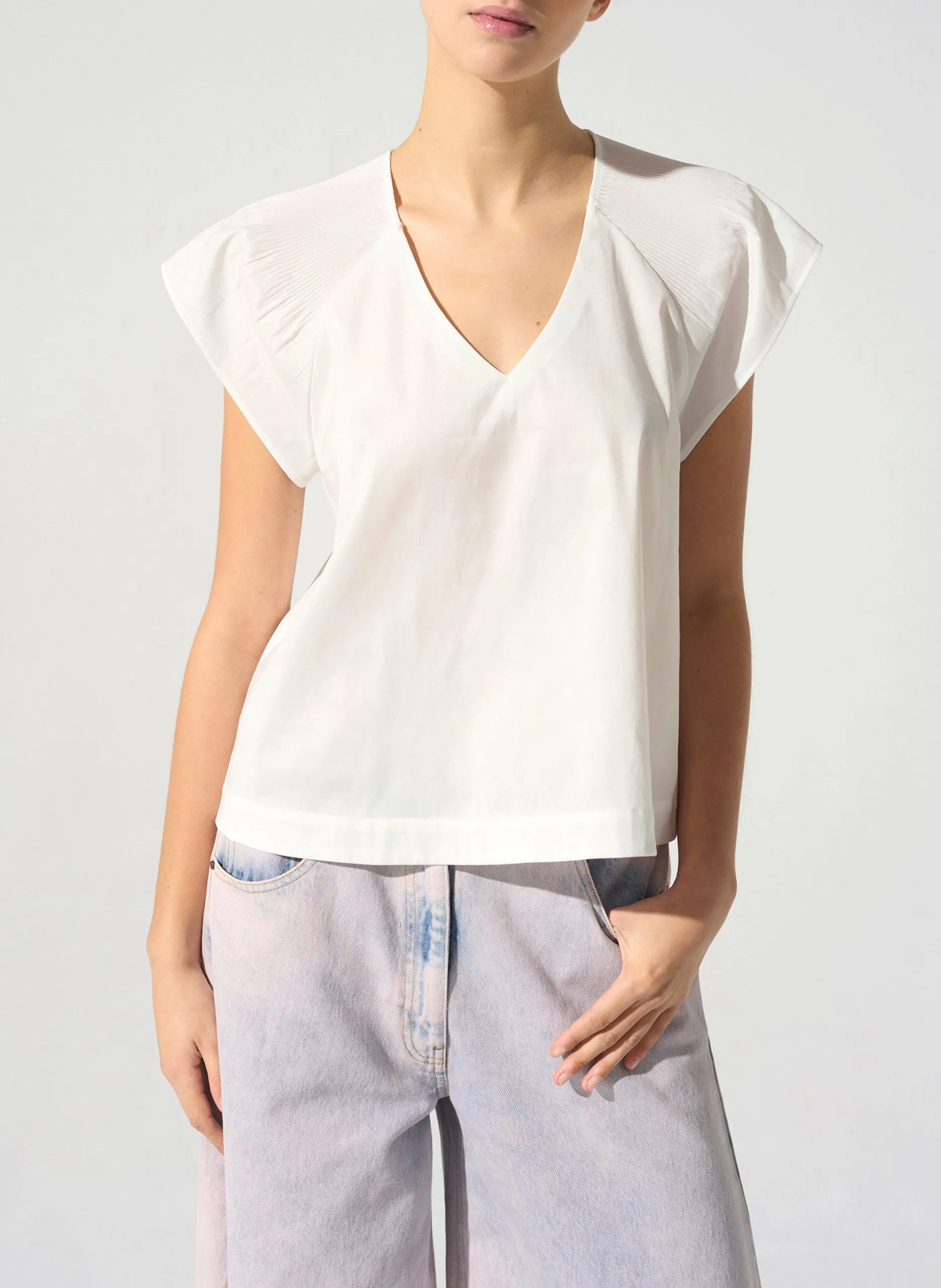 Blouse col V en coton mélangé Blanc