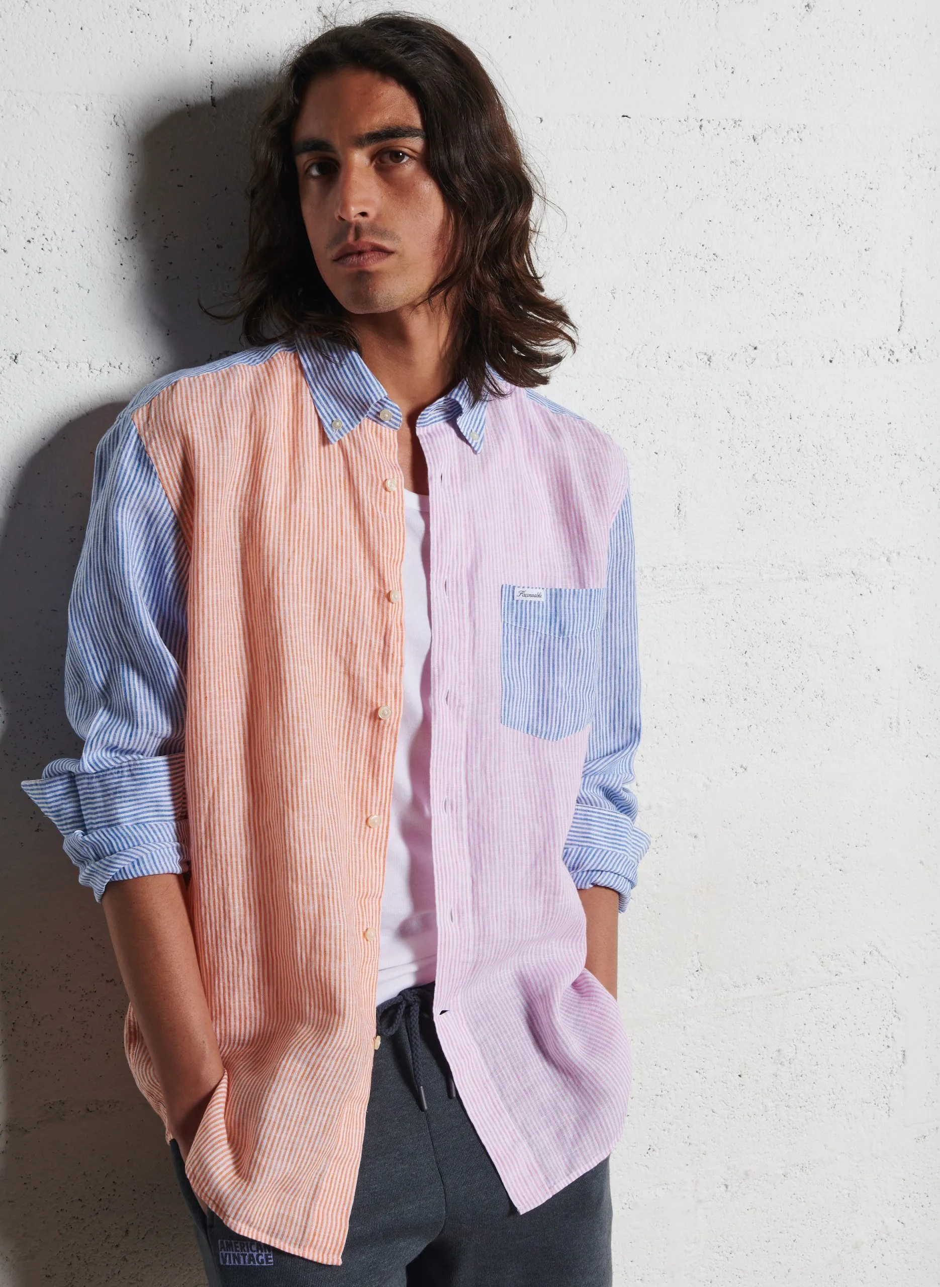 Chemise longue rayée en lin Orange