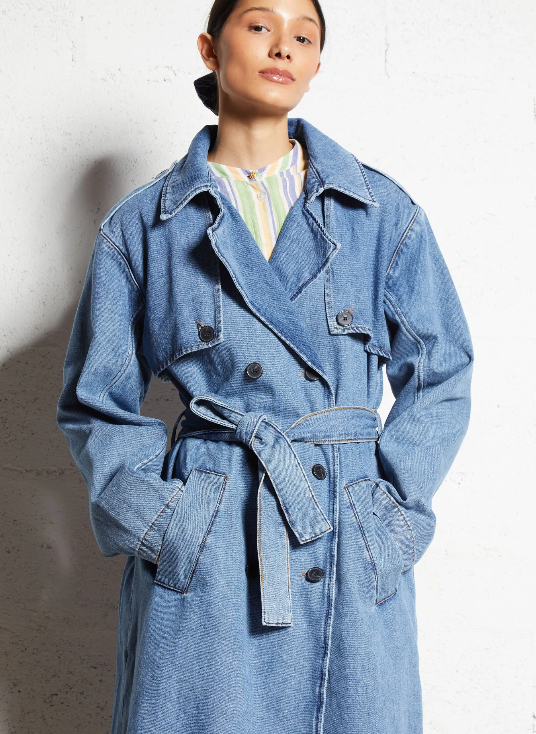 Trench long droit en jean Bleu TRESCA