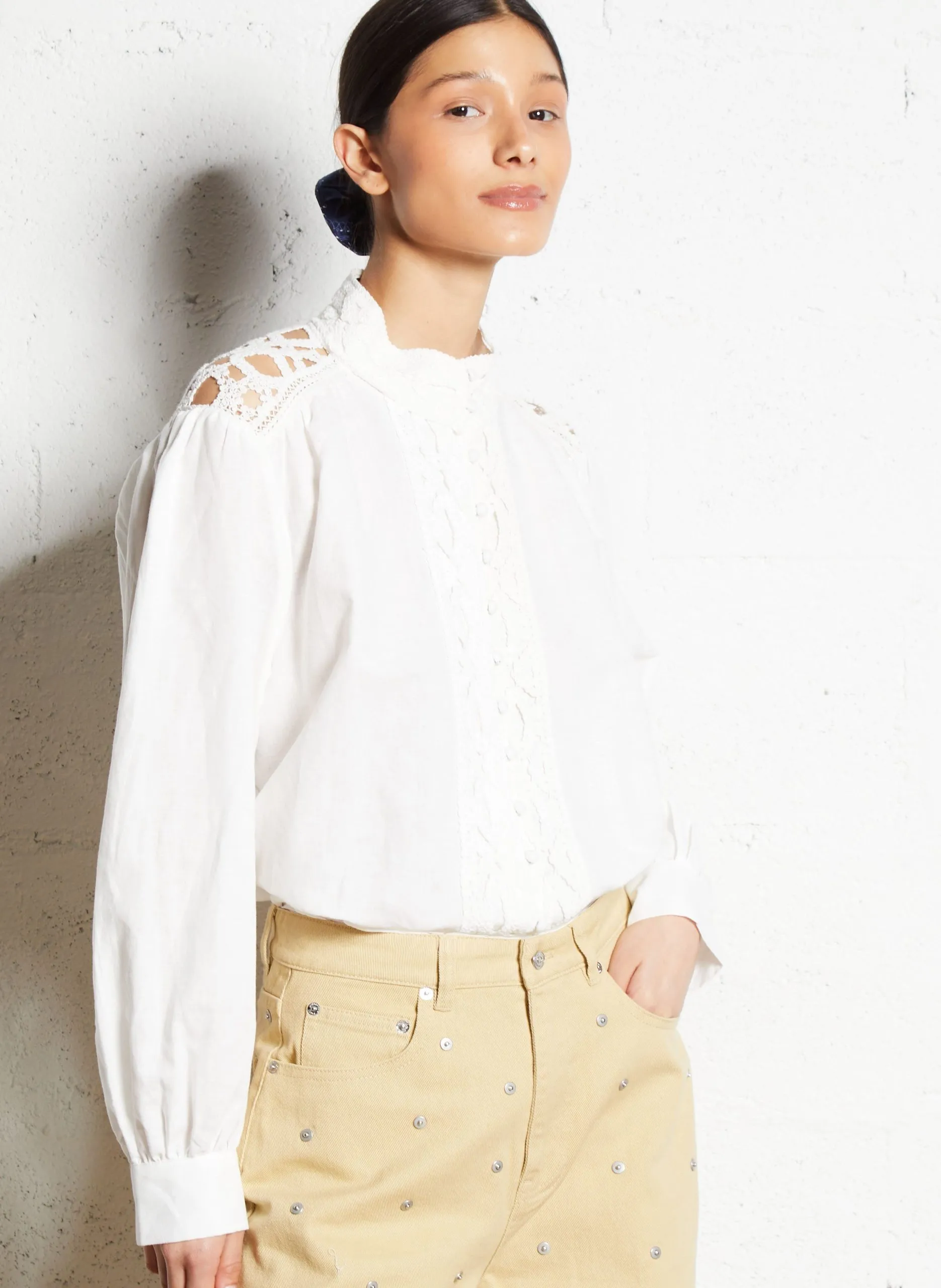 Blouse brodée en lin mélangé Blanc CIRYNA