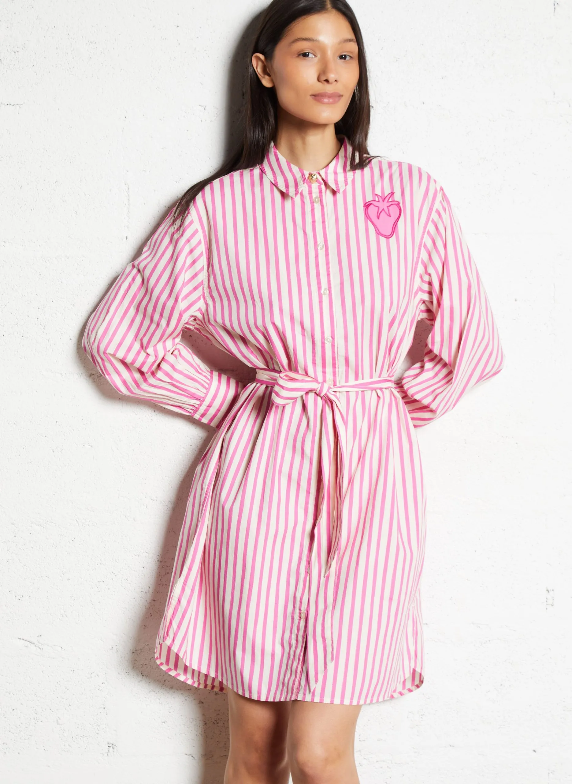 Robe courte col chemise à rayures Rose ALLIE