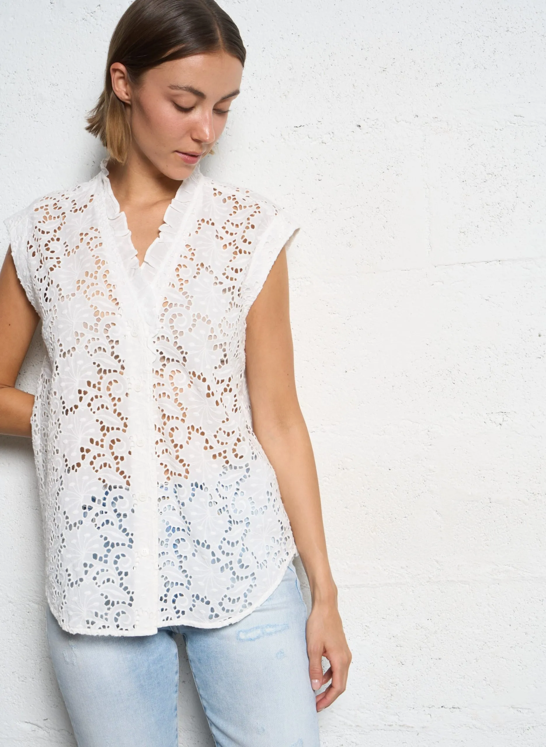 Chemisier droit en coton brodé Blanc BAMBA