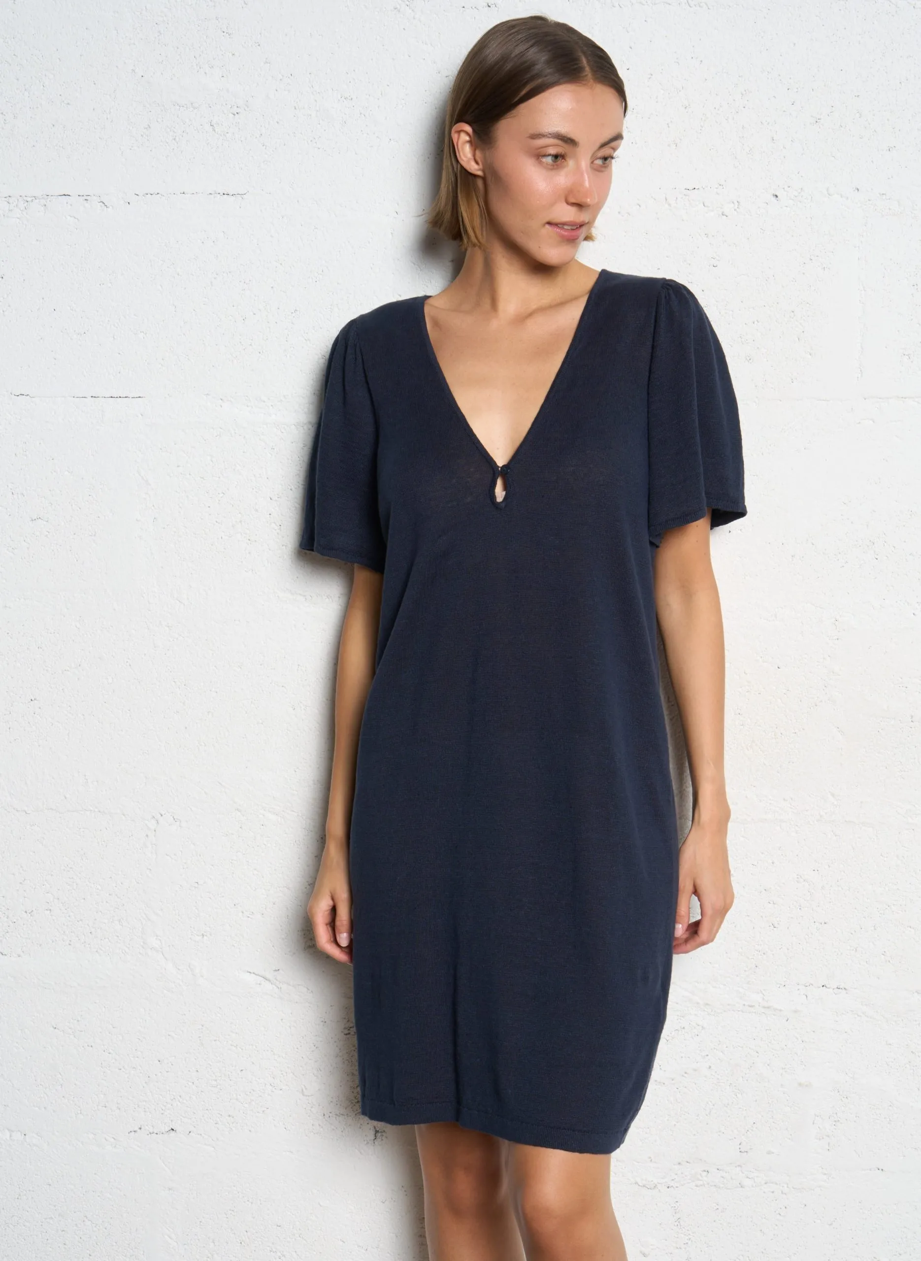 Robe midi col v en lin Bleu BRAZILA