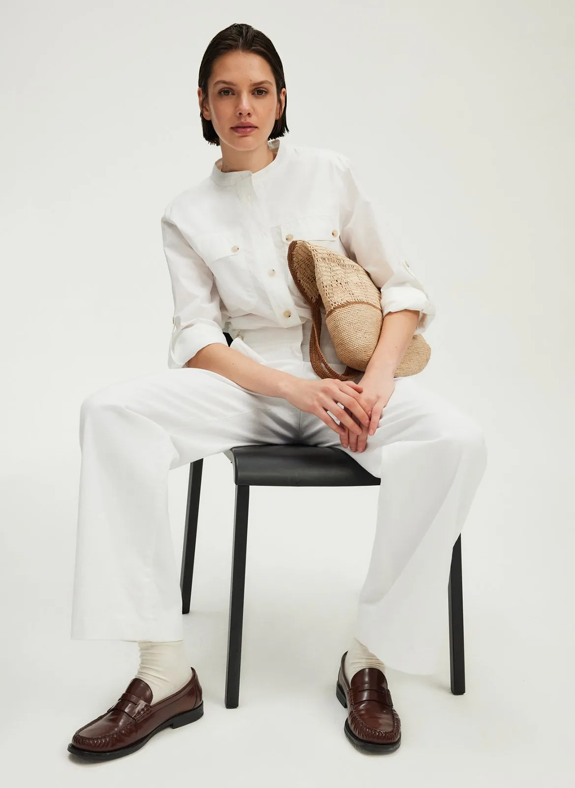 Chemise droite boutonnée à col rond Beige URSY