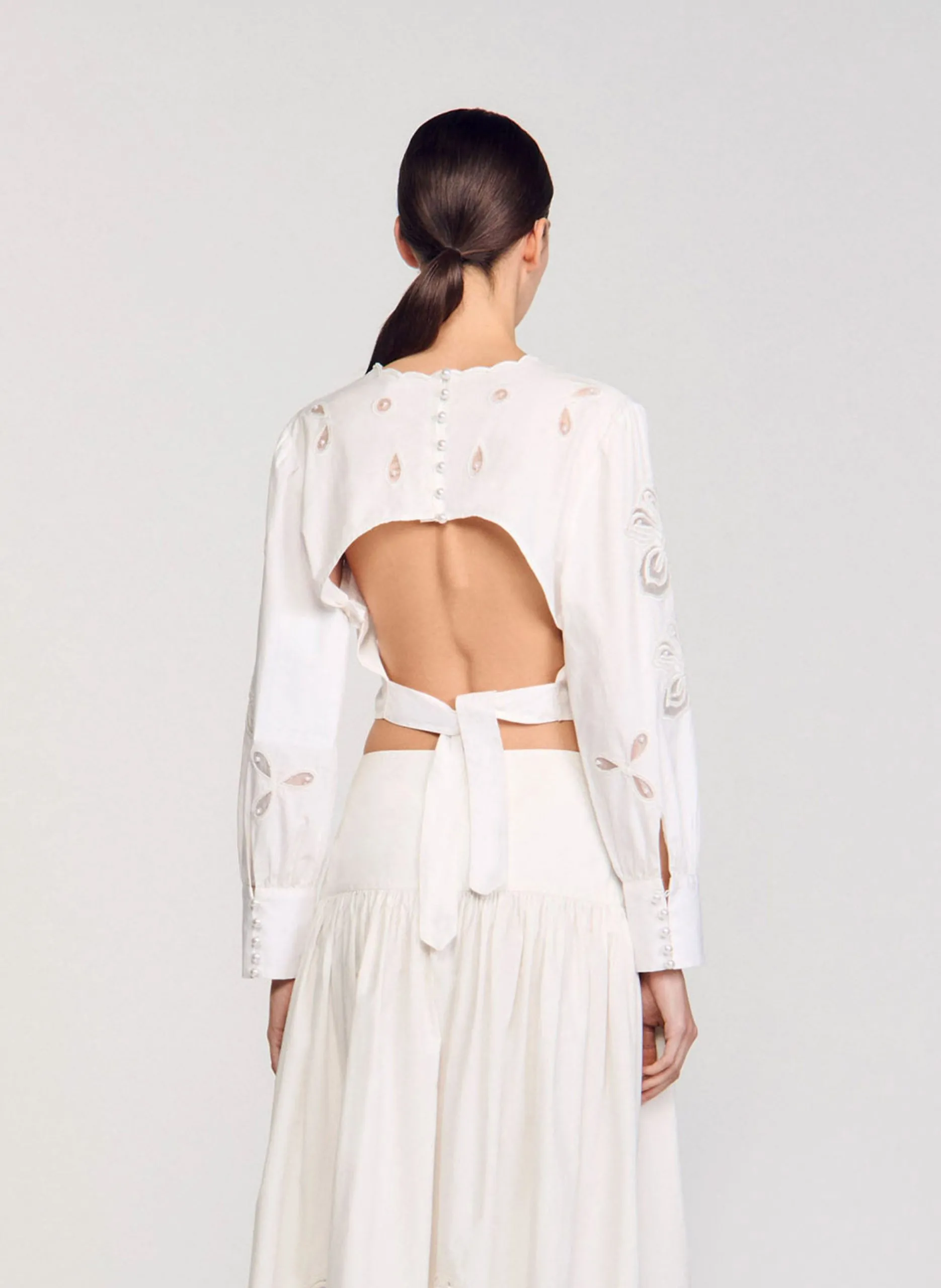 Top court manches longues brodé Blanc