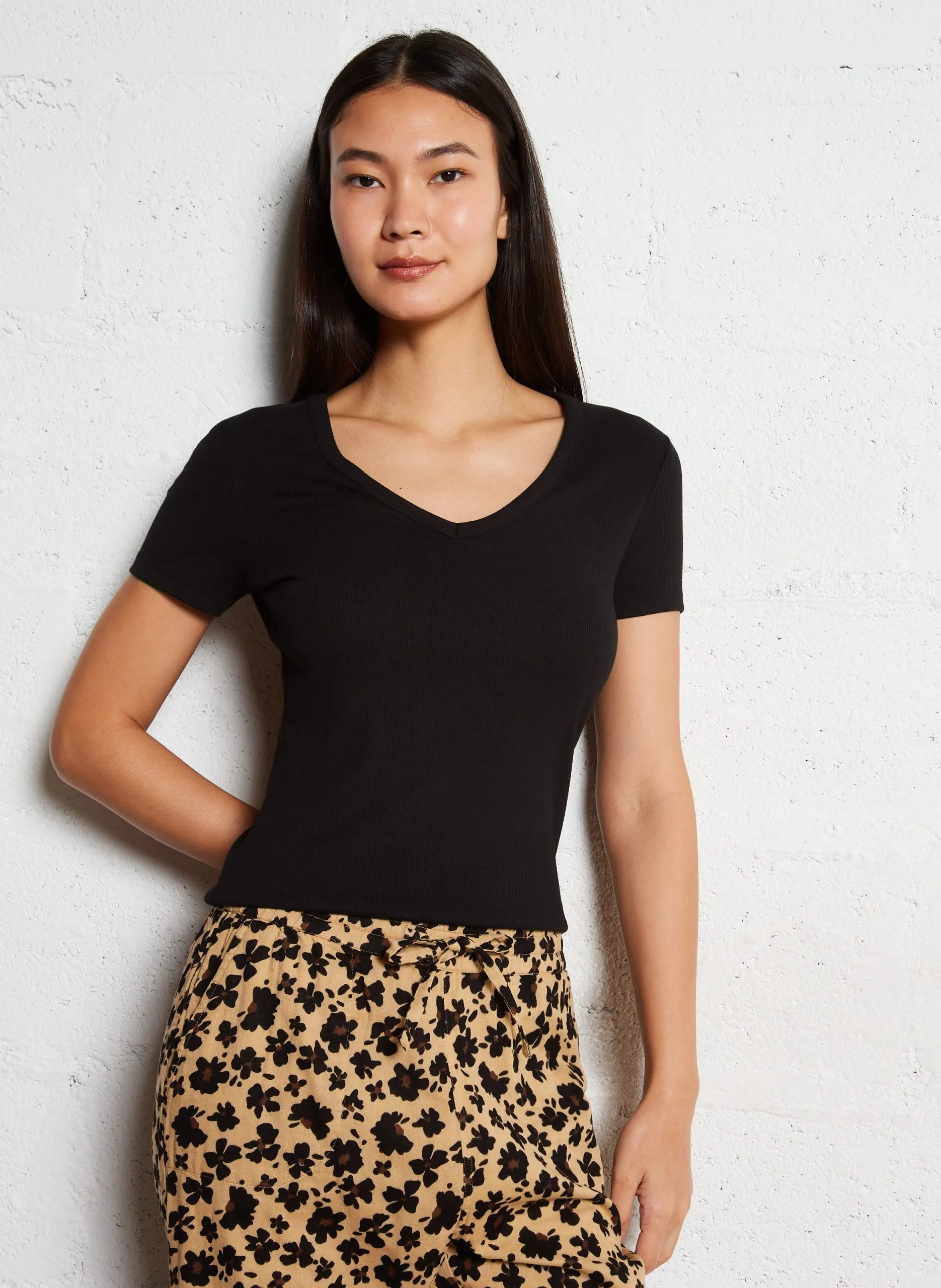 Tee-shirt col V en coton mélangé Noir ADAM