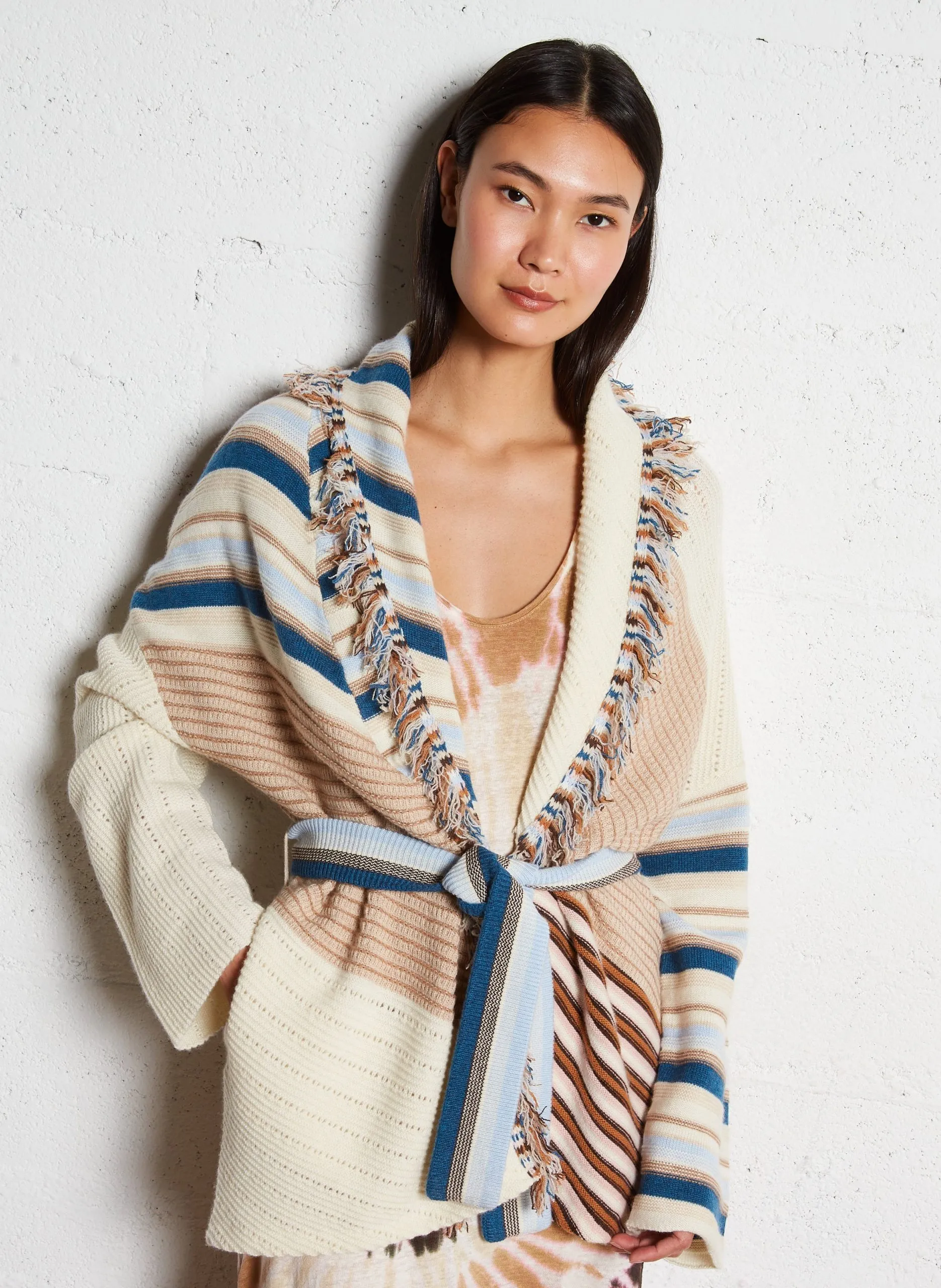 Veste ceinturée à rayures en cachemire Blanc OUMA