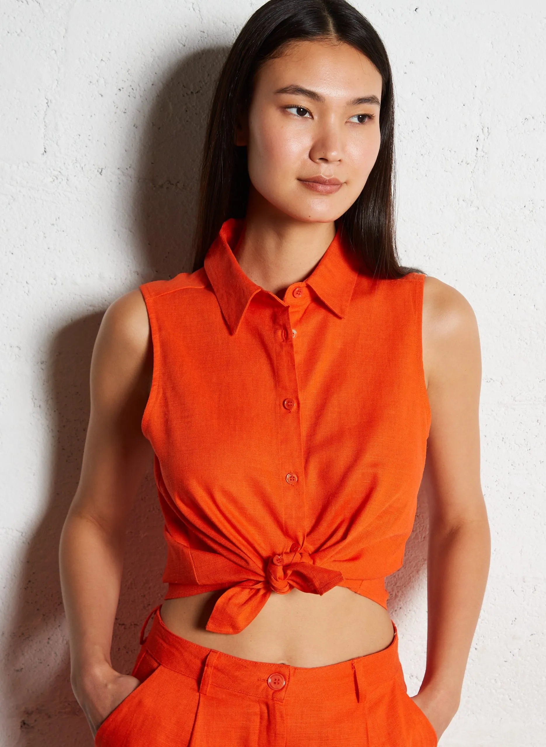 Chemise col classique en lin mélangé Orange TOYA