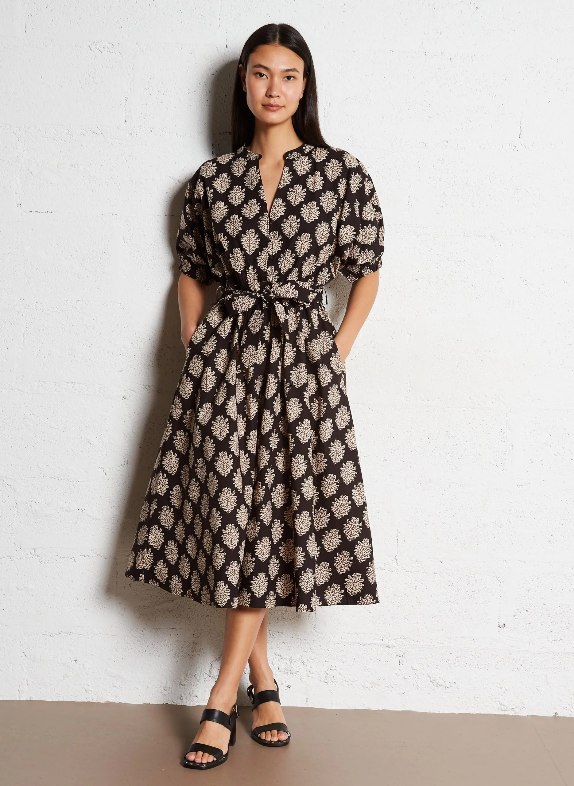 Robe midi en coton imprimé Noir CORDELIA