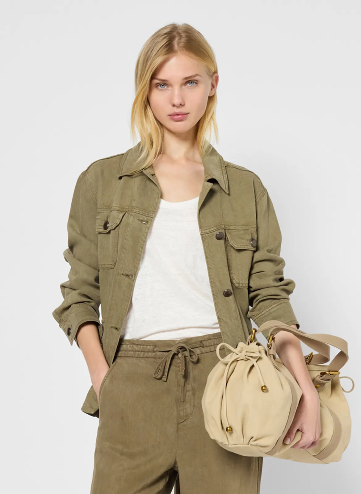 Veste boutonnée cintrée avec ceinture à nouer Kaki ROSEA