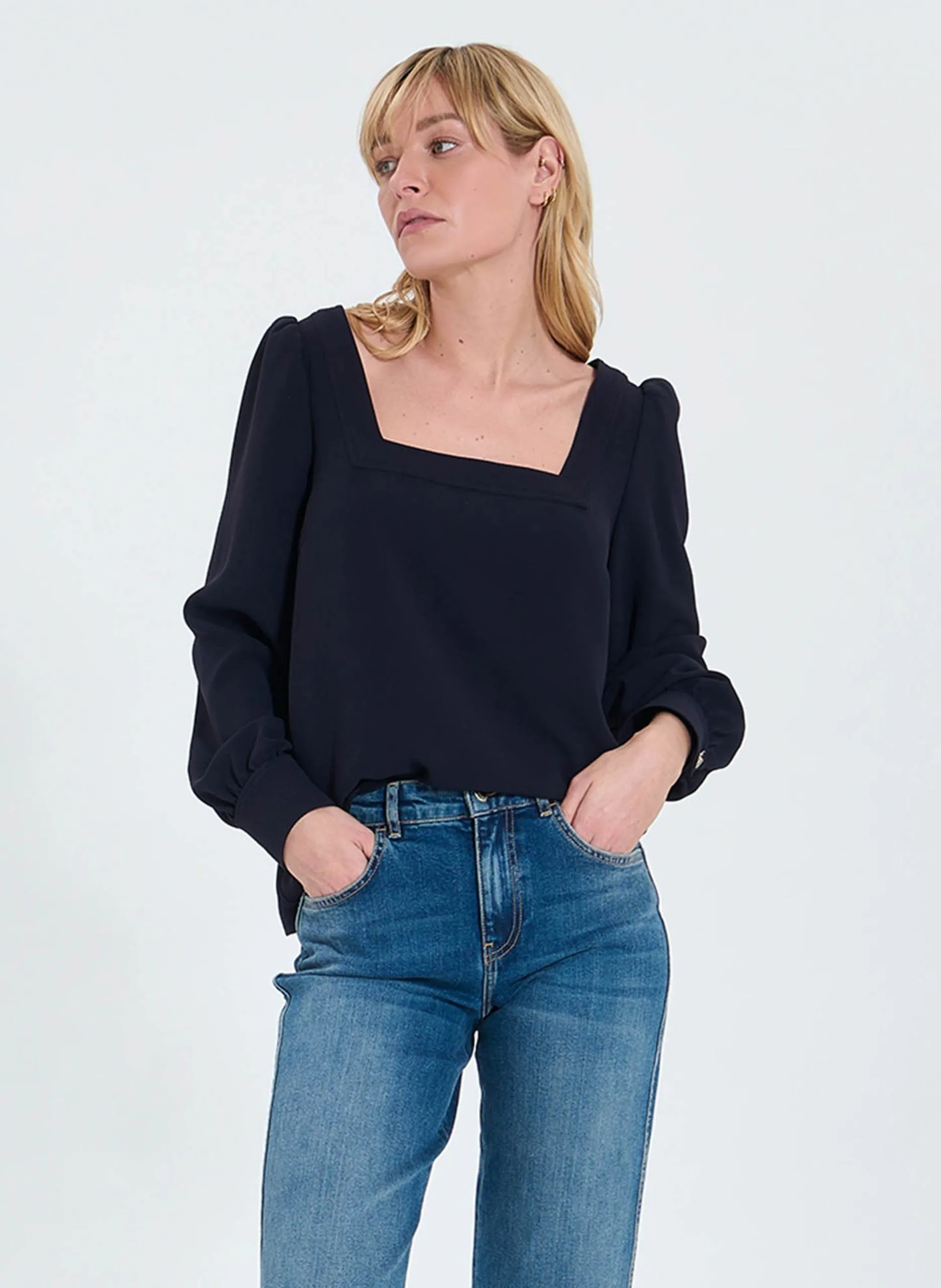 Top droit col carré Bleu TRINA