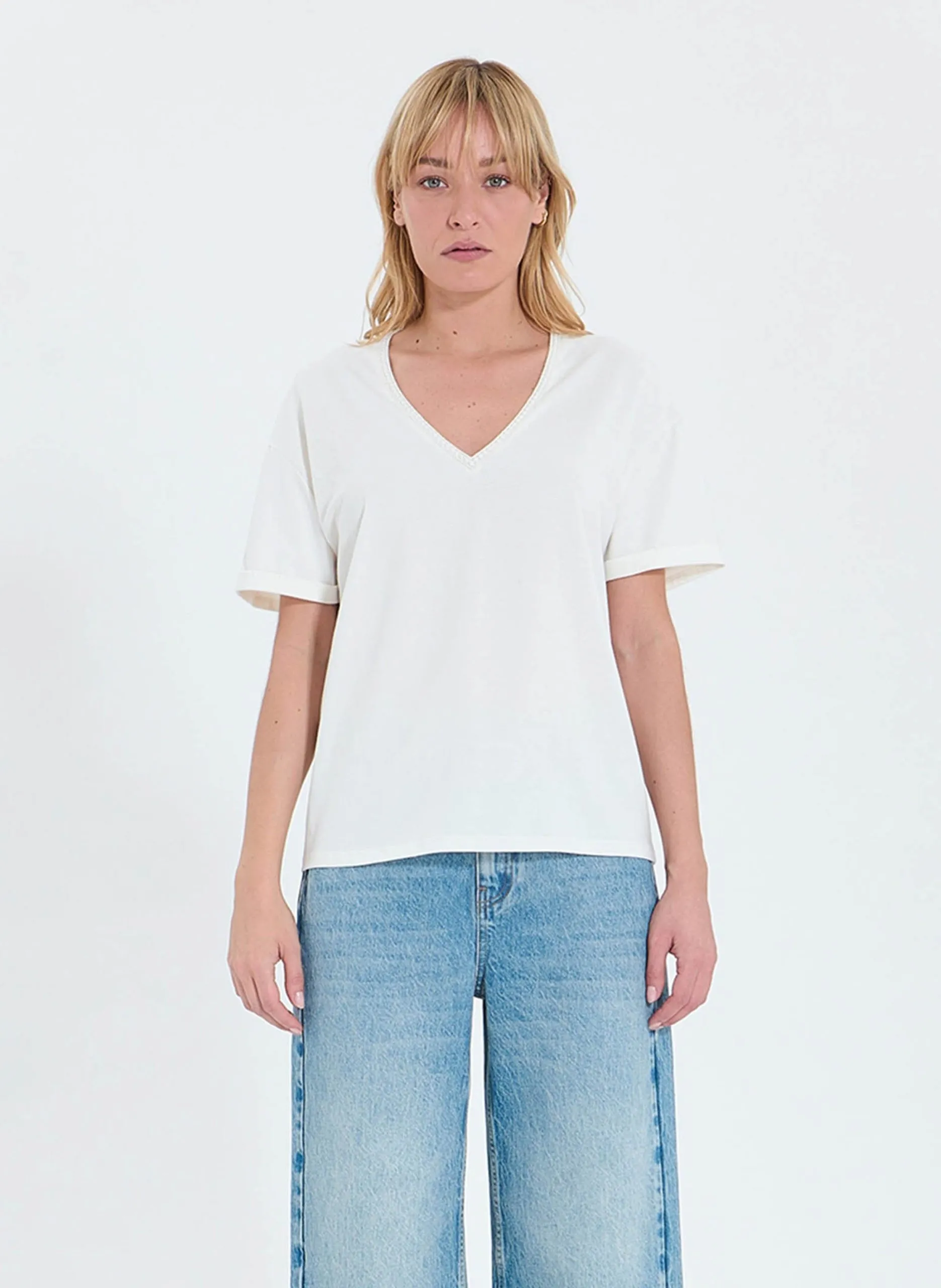 Tee-shirt col v uni à perles Blanc TAYLOR