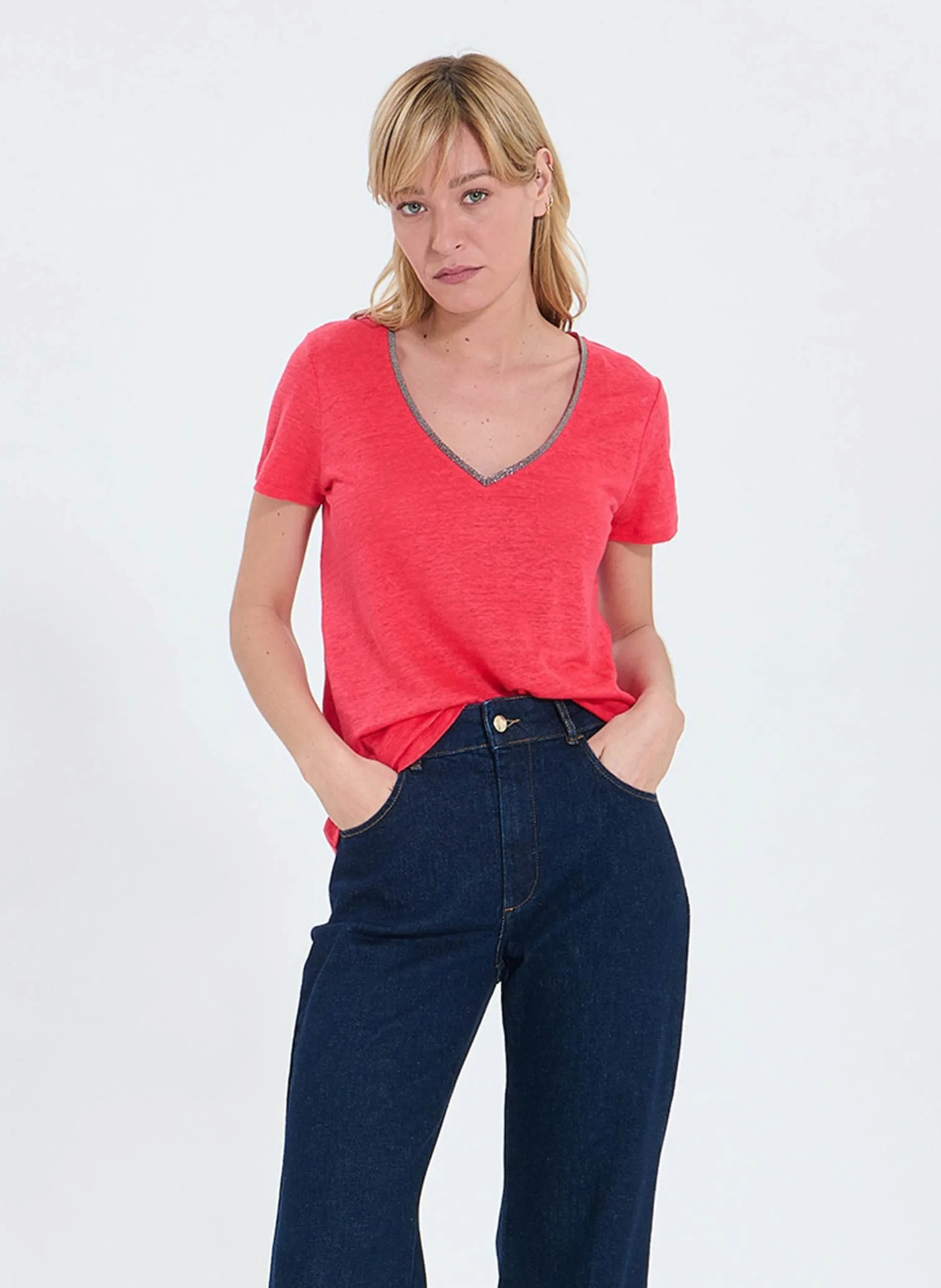 Top droit en lin rayé Rose TASMANIE