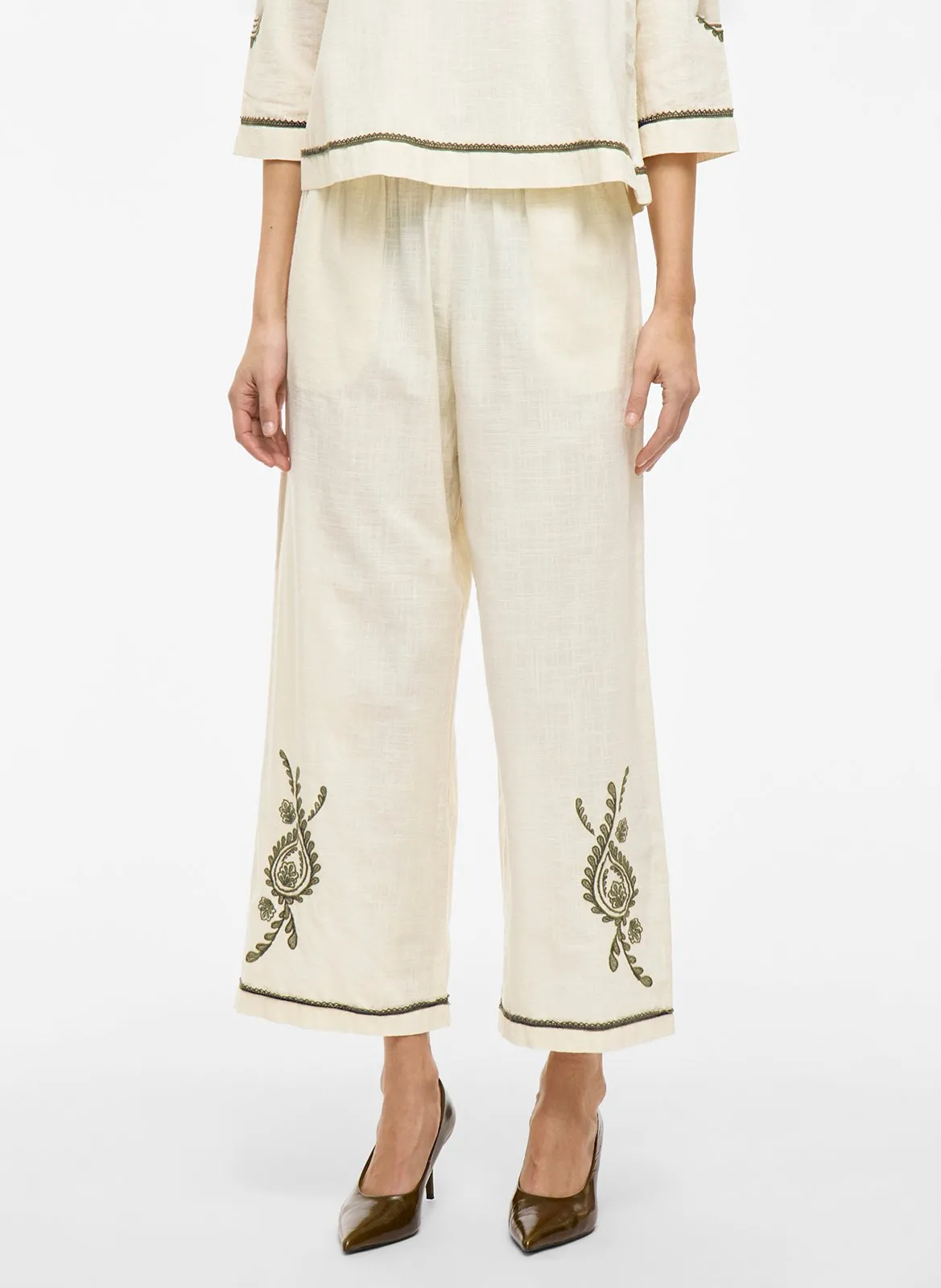 Pantalon large taille haute brodée Beige