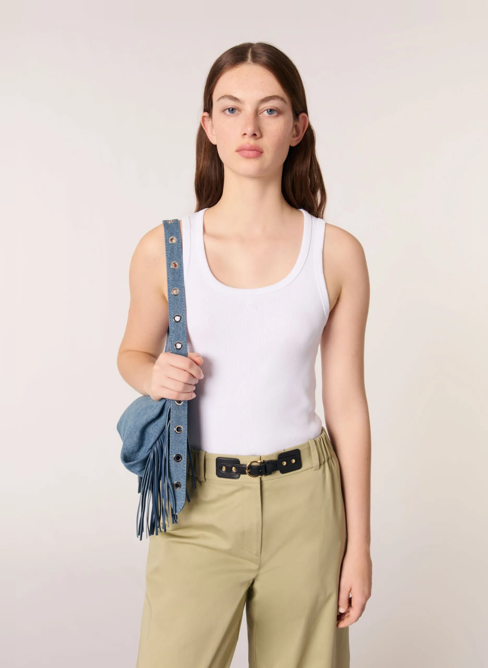 Débardeur droit col rond en coton côtelé Blanc