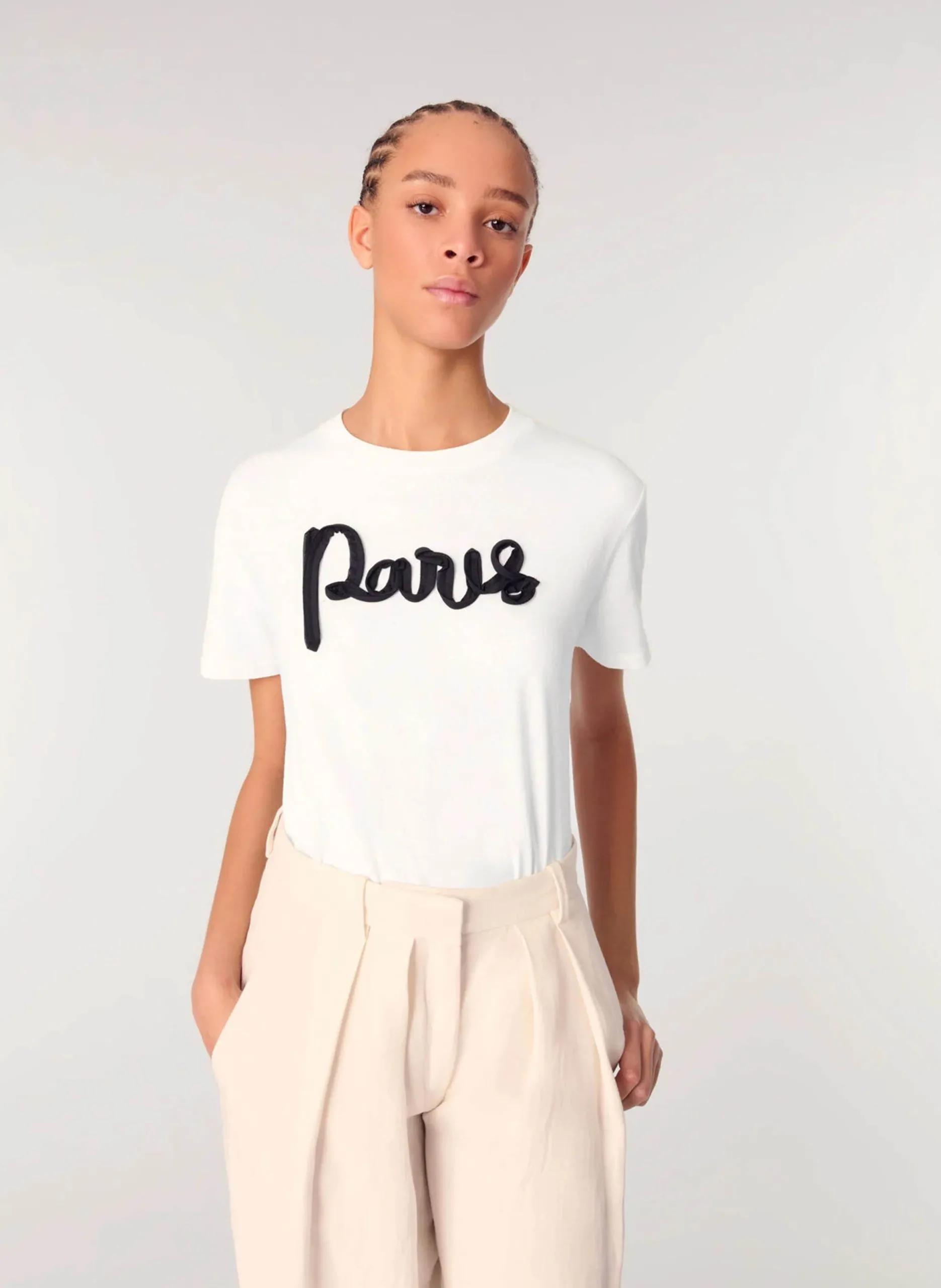 Tee-shirt droit col rond en coton mélangé sérigraphié Blanc