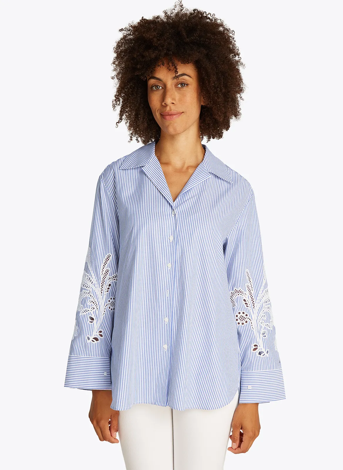 Chemise rayée à broderies en coton Bleu