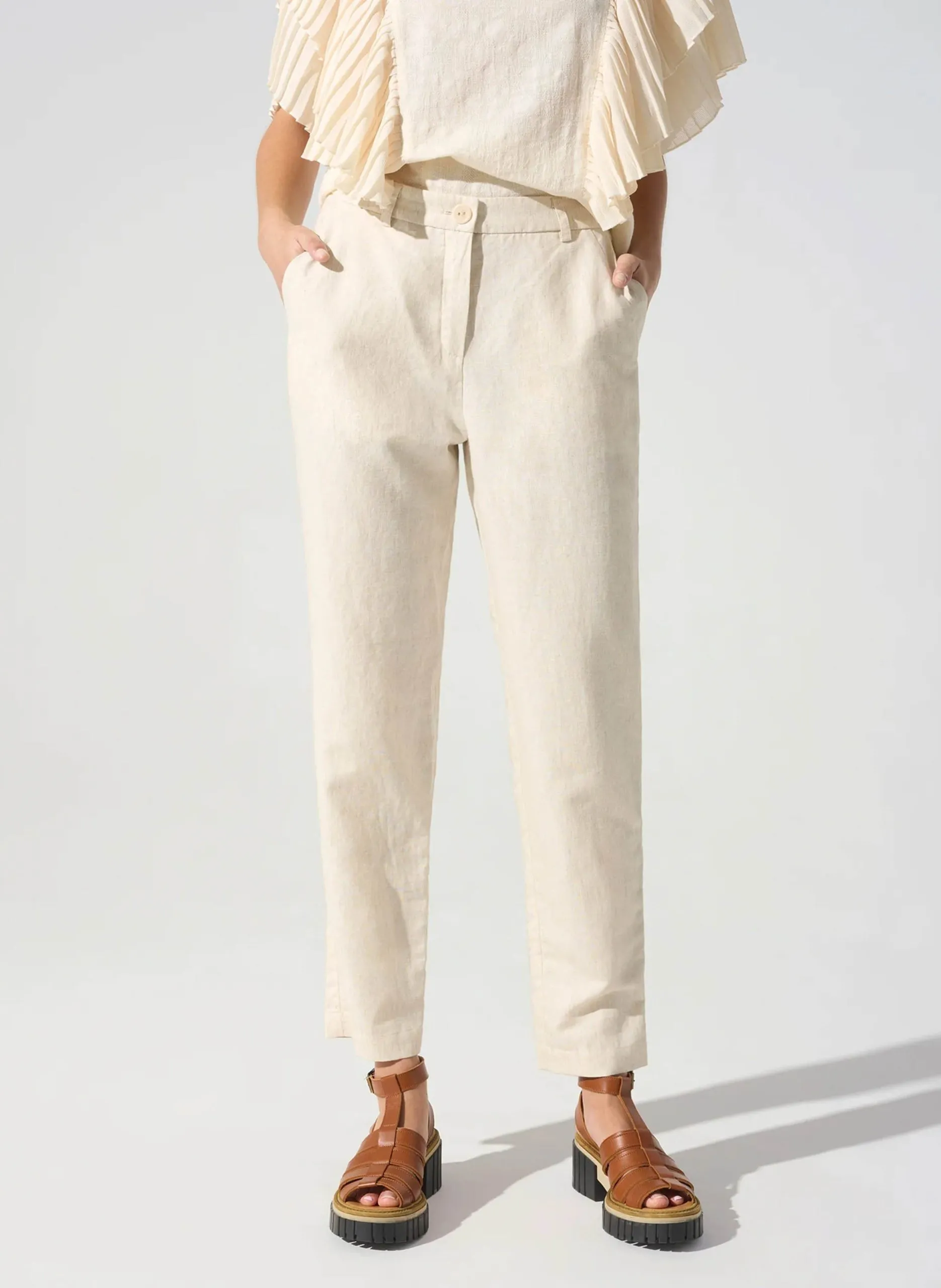 Pantalon droit en lin mélangé Blanc