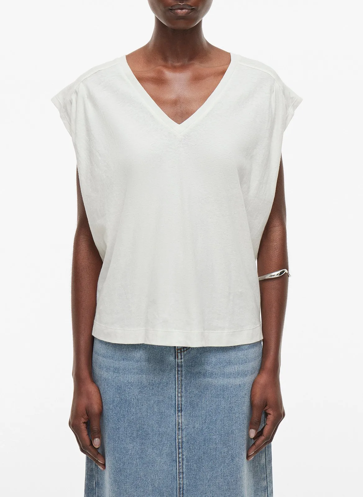 Tee-shirt col V en lin mélangé Blanc