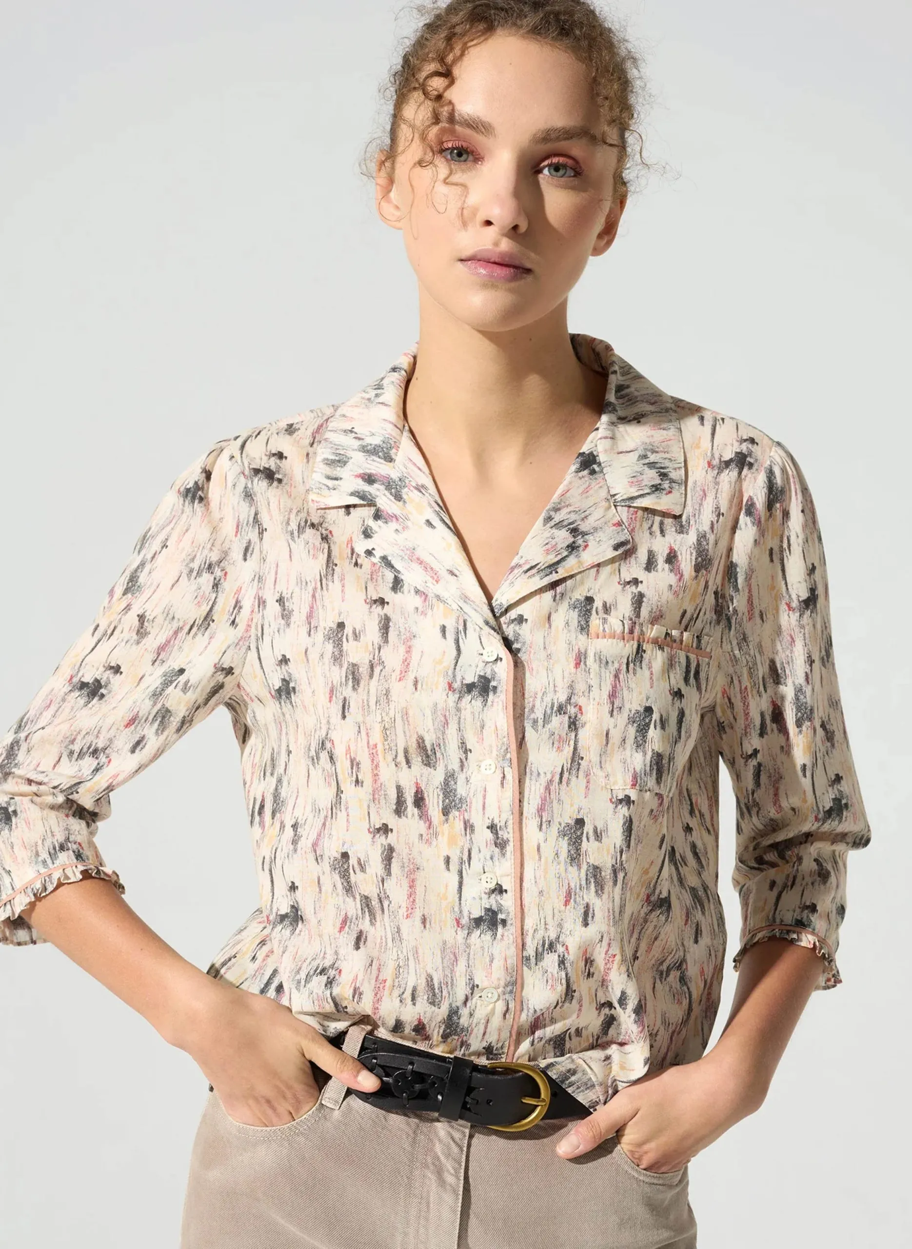 Chemise droite col tailleur en coton Marron